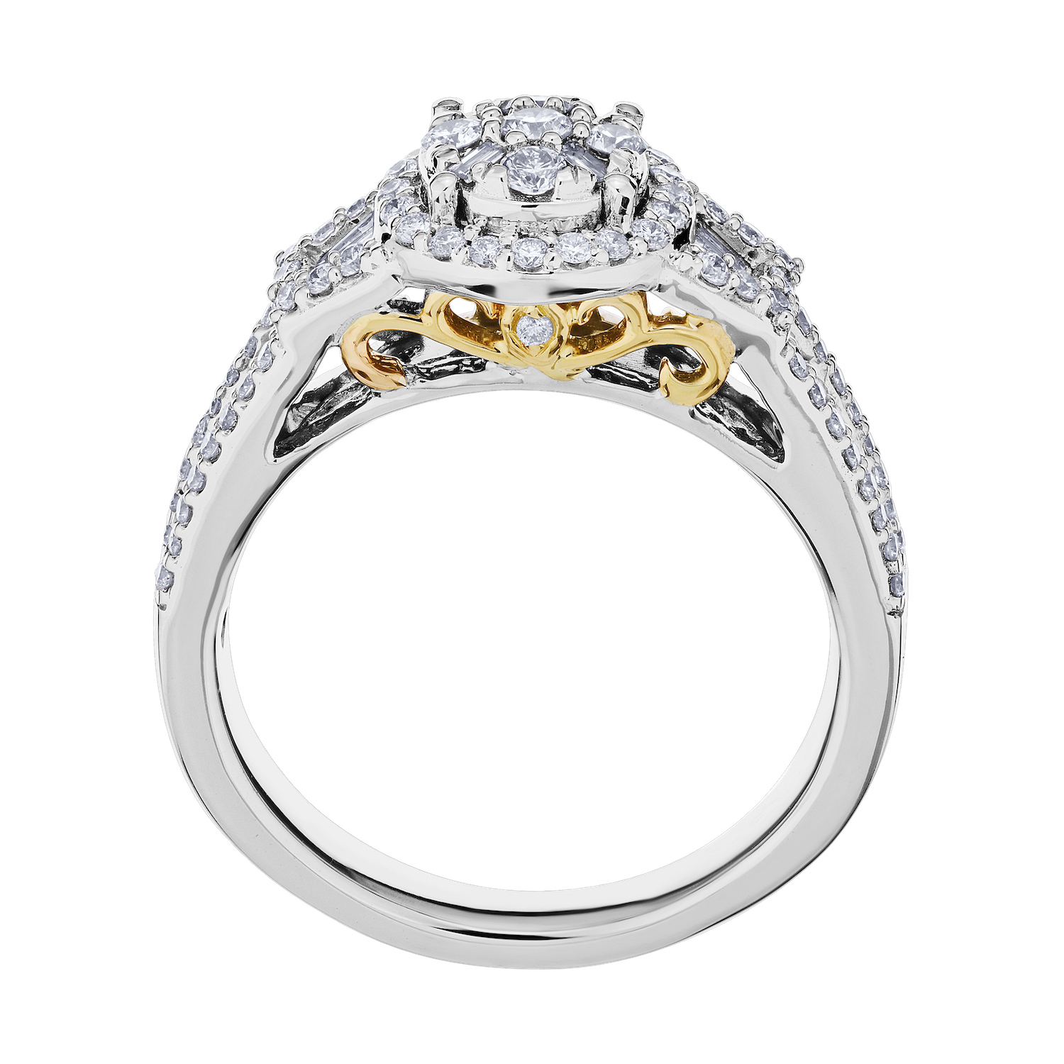 Multiplicity&trade; 14K Two Tone Gold Round Center with Halo Wide Channel Set Shoulders 0.80 Ctw Diamond