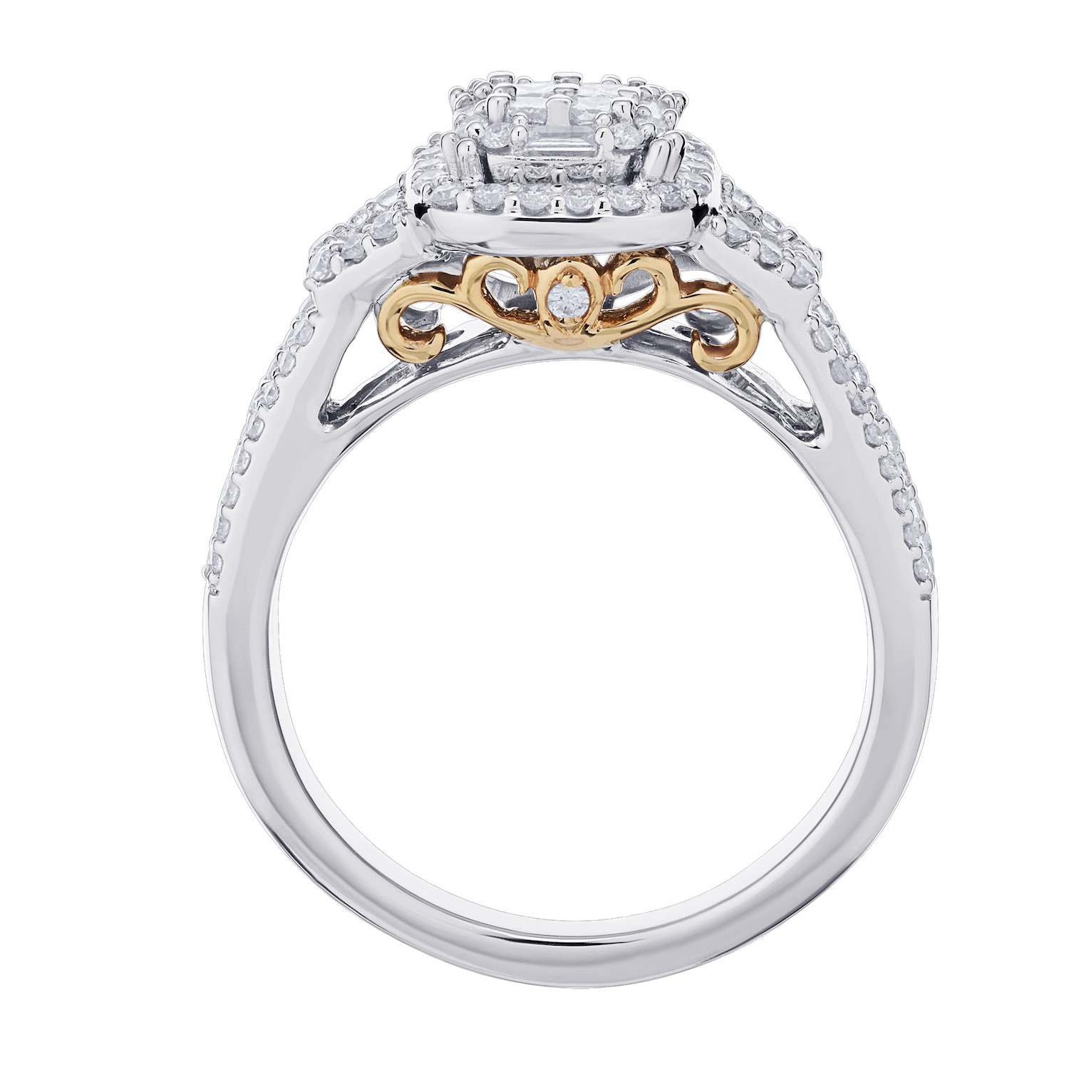 Multiplicity&trade; 14K Two Tone Gold Square Cushion Halo Center with Wide Channel Set Shoulders 0.90 Ctw Diamond