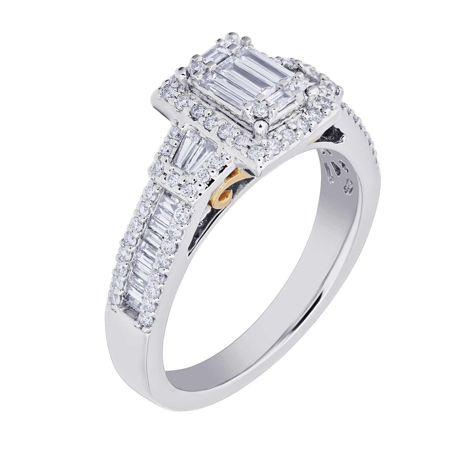 Multiplicity&trade; 14K Two Tone Gold Emerald Shape Center with Halo Wide Channel Set Shoulders 0.75 Ctw Diamond