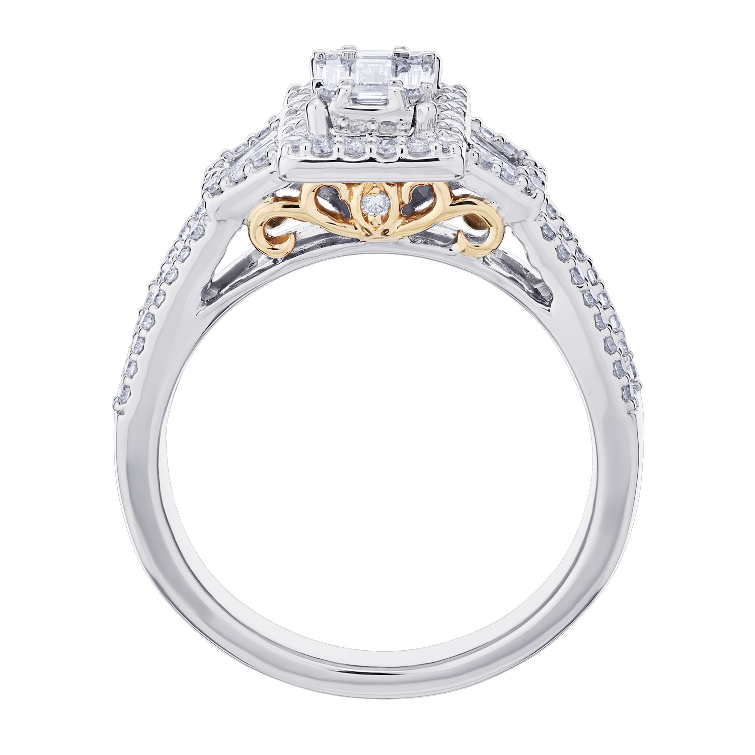 Multiplicity&trade; 14K Two Tone Gold Emerald Shape Center with Halo Wide Channel Set Shoulders 0.75 Ctw Diamond