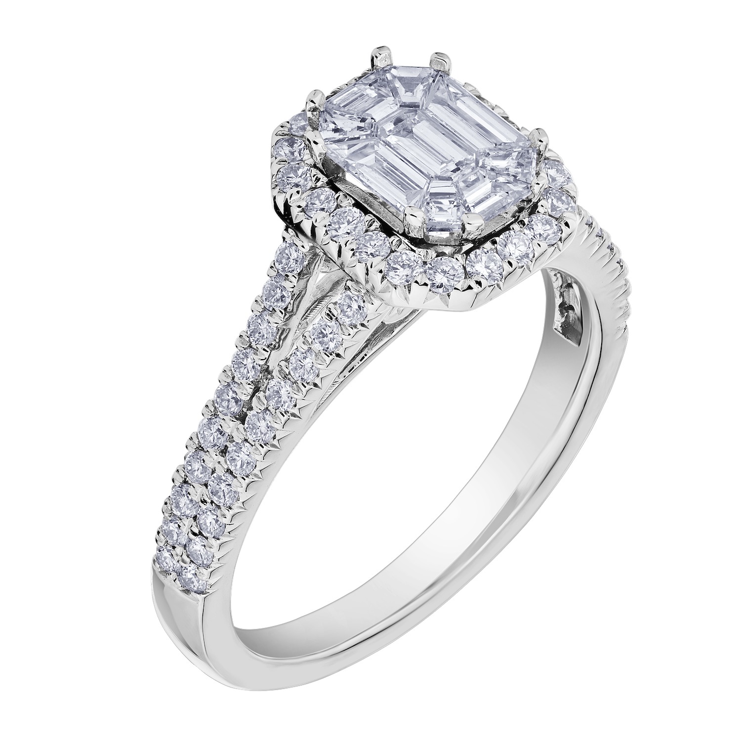 Compozit&trade; 14KW White Gold Emerald Cut Center Halo Split Shank Ring Diamond 1.00 Ctw Cutting Edge Technology