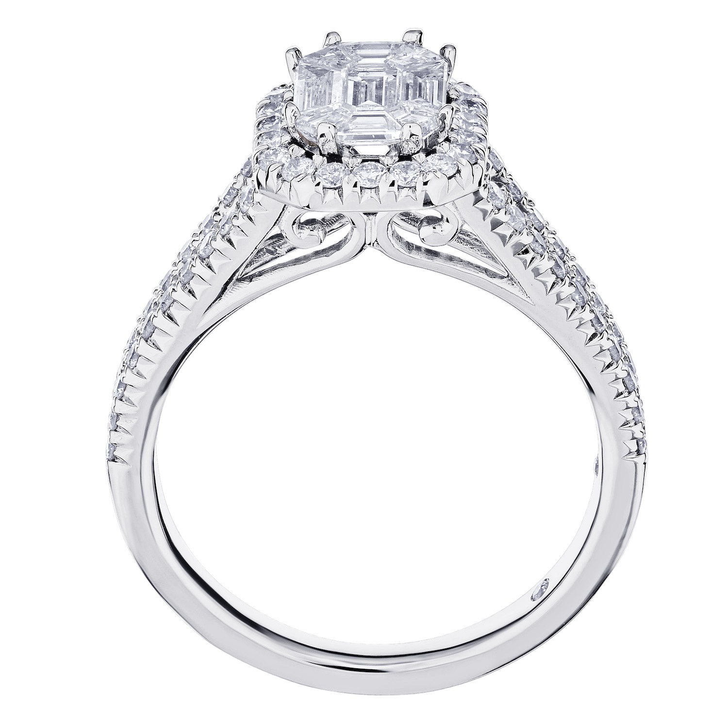 Compozit&trade; 14KW White Gold Emerald Cut Center Halo Split Shank Ring Diamond 1.00 Ctw Cutting Edge Technology