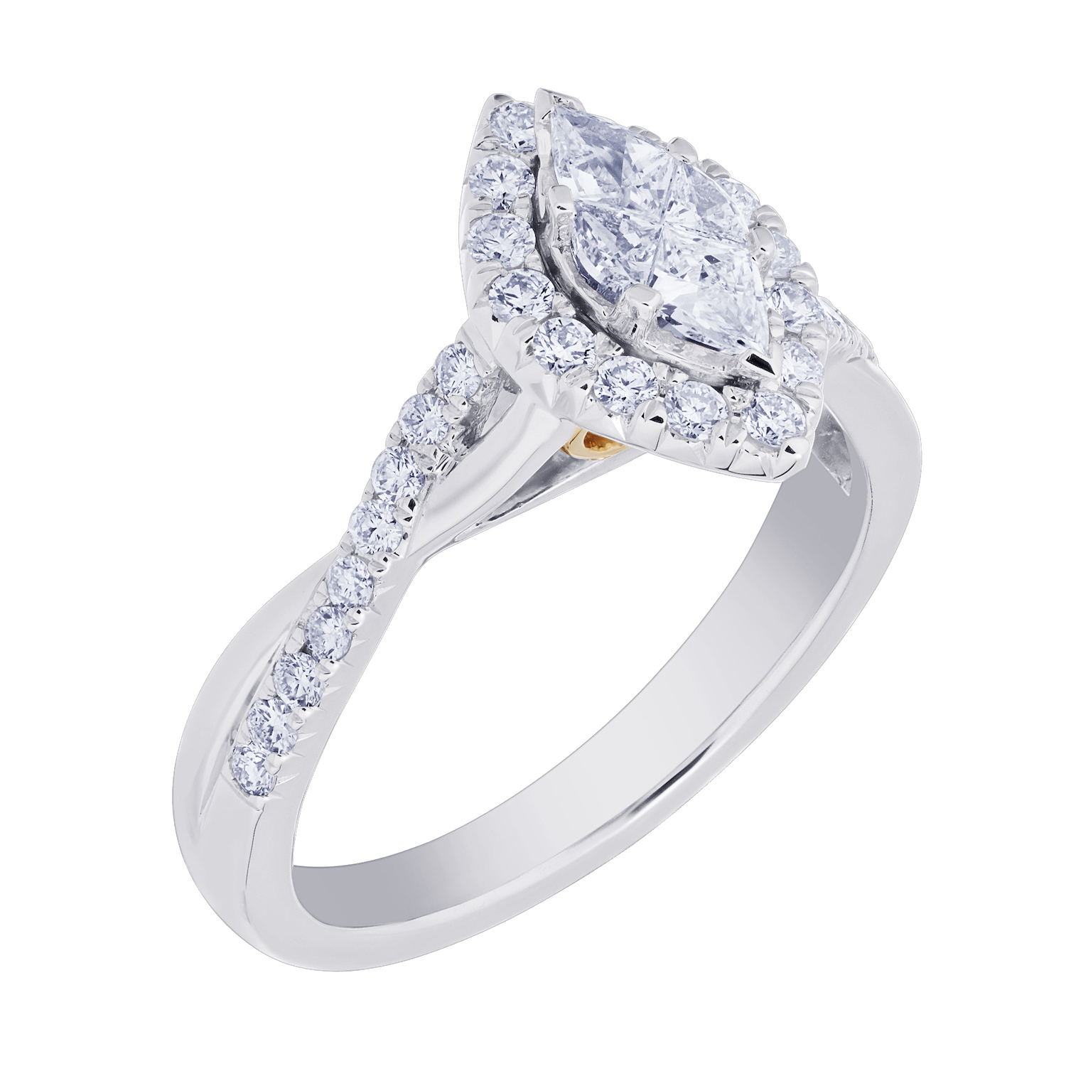 Compozit&trade; 14K Two Tone Gold Marquise Shape Center Halo Crossover Shoulders Ring Diamond 0.75 Ctw Cutting Edge Technology