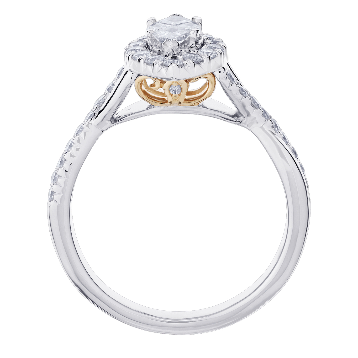 Compozit&trade; 14K Two Tone Gold Marquise Shape Center Halo Crossover Shoulders Ring Diamond 0.75 Ctw Cutting Edge Technology