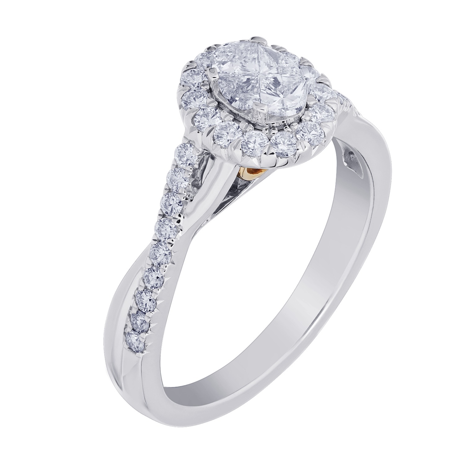 Compozit&trade; 14K Two Tone Gold Oval Center Halo With Crossover Shoulders Ring Diamond 0.75 Ctw Cutting Edge Technology