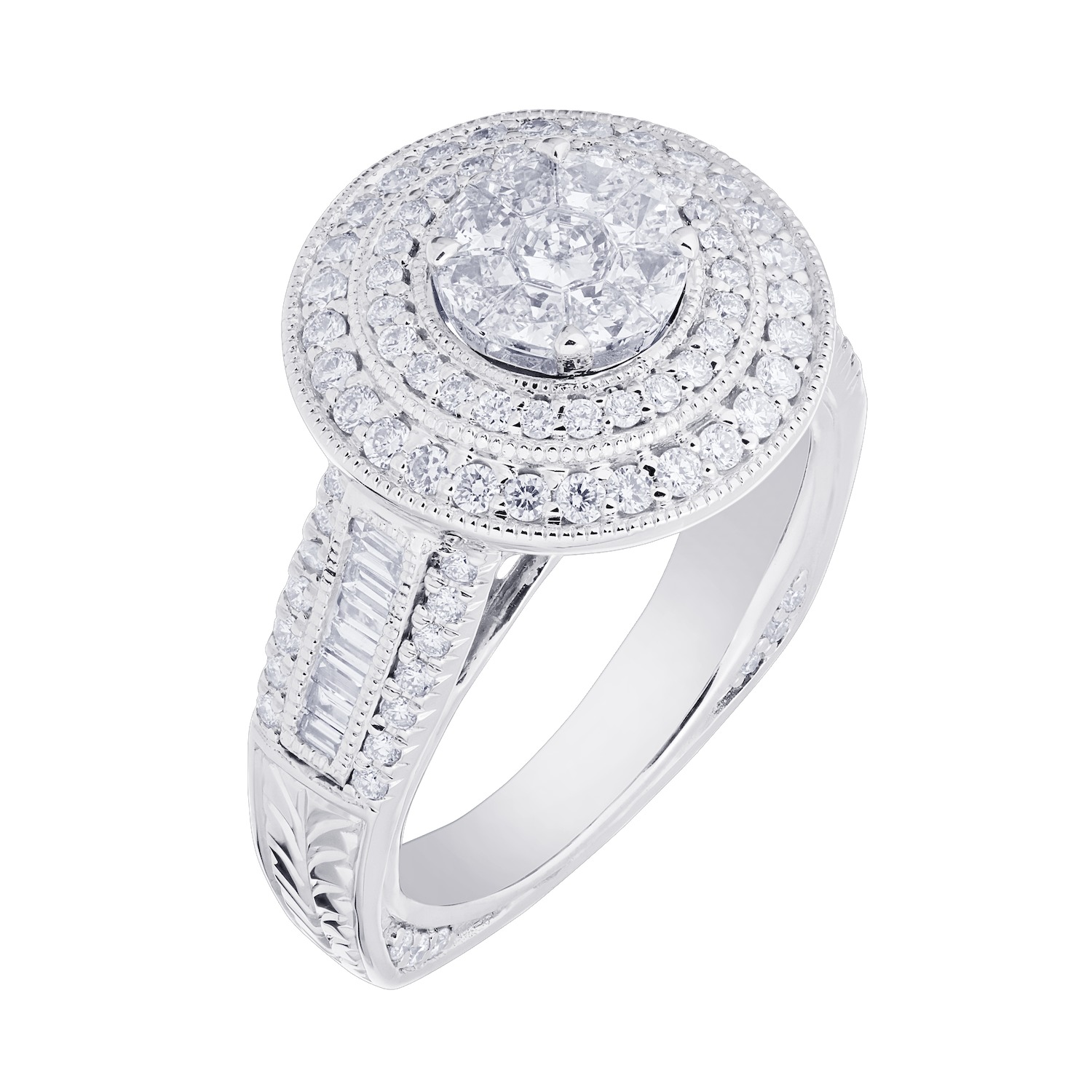 Compozit&trade; 14KW White Gold Round Shape Center With Double Halo Wide Shoulders Ring Diamond 1.50 Ctw Cutting Edge Technology