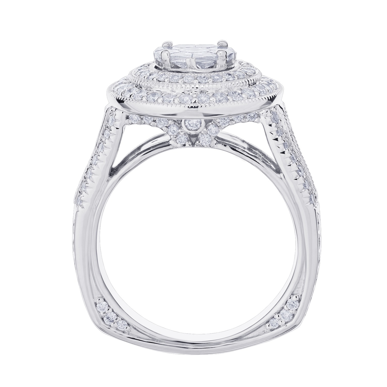 Compozit&trade; 14KW White Gold Round Shape Center With Double Halo Wide Shoulders Ring Diamond 1.50 Ctw Cutting Edge Technology