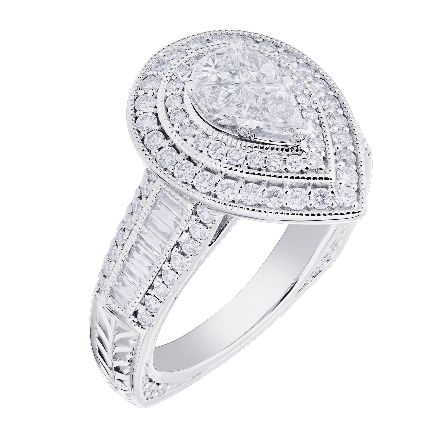 Compozit&trade; 14KW White Gold Pear Shape Center With Double Halo Wide Shoulders Ring Diamond 1.50 Ctw Cutting Edge Technology