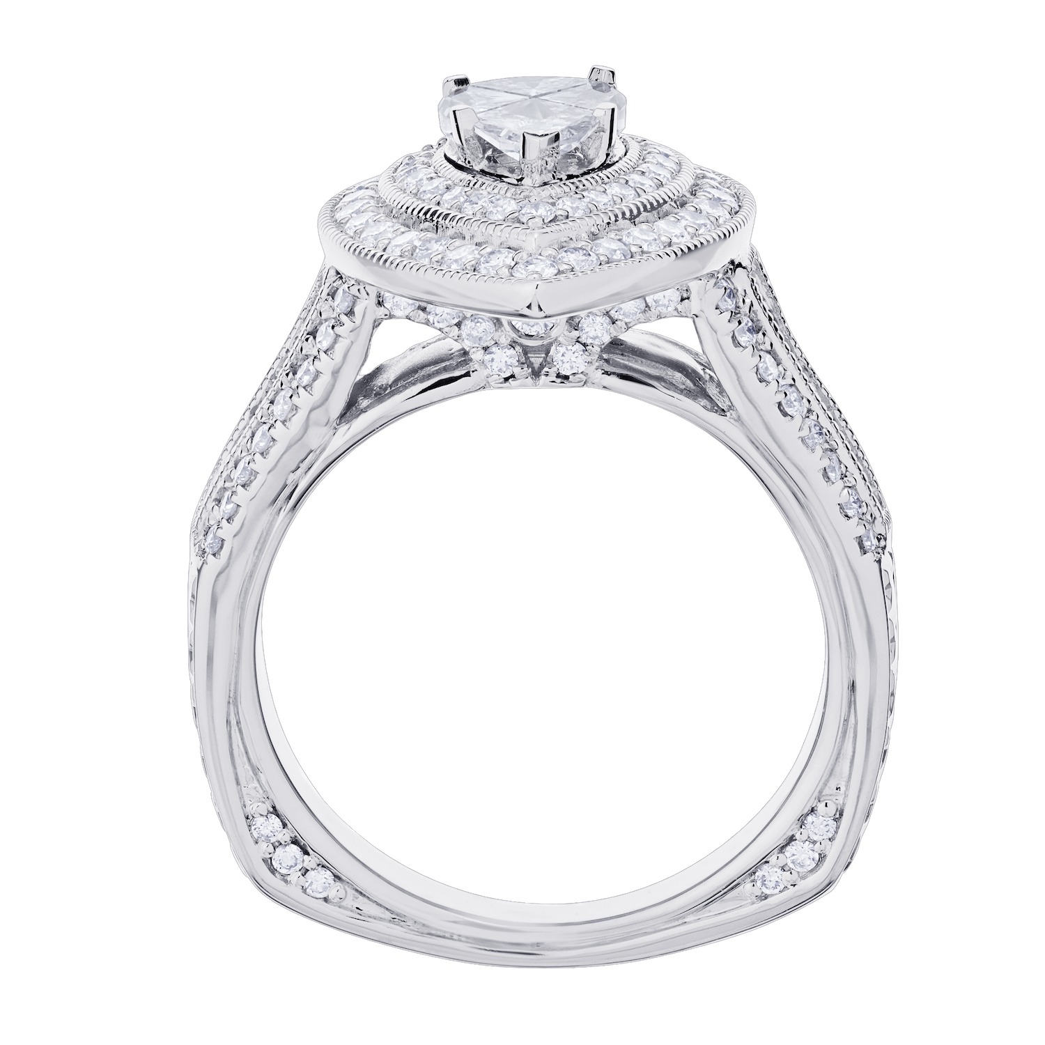 Compozit&trade; 14KW White Gold Pear Shape Center With Double Halo Wide Shoulders Ring Diamond 1.50 Ctw Cutting Edge Technology