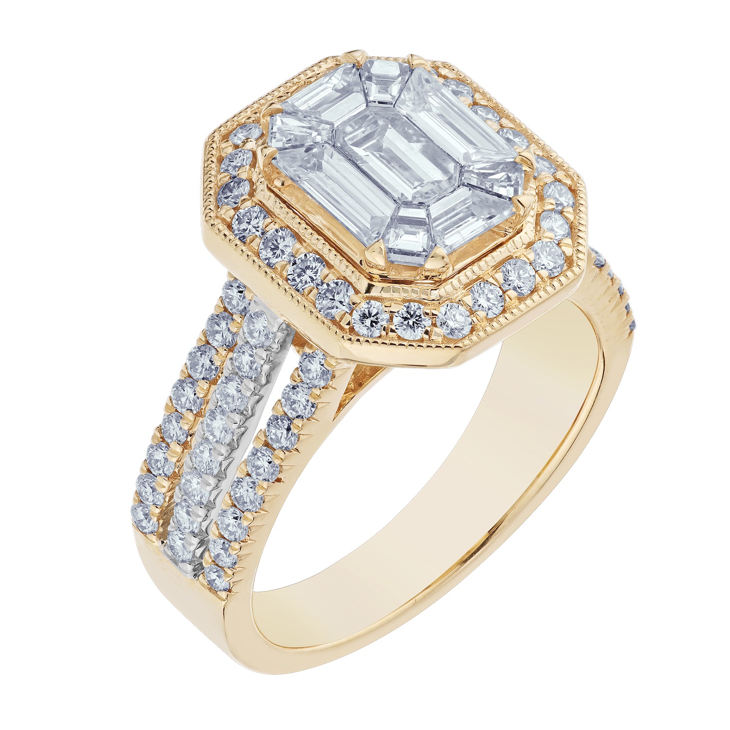 Compozit&trade; 14K Two Tone Gold Emerald Shape Center With Halo 3 Row Shoulders Ring Diamond 2.00 Ctw Cutting Edge Technology