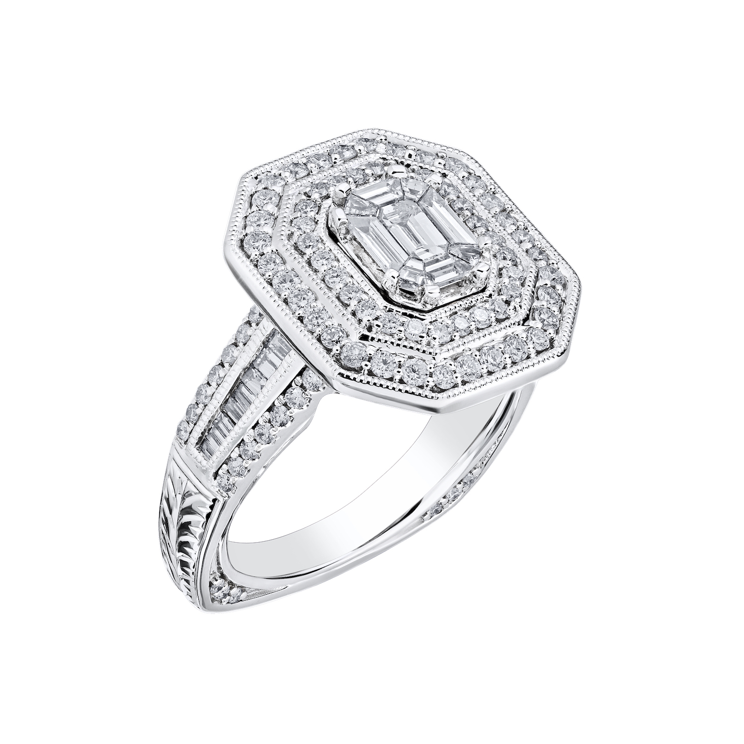 Compozit&trade; 14KW White Gold Emerald Shape Center With Double Halo Wide Shoulders Ring Diamond 1.50 Ctw Cutting Edge Technology