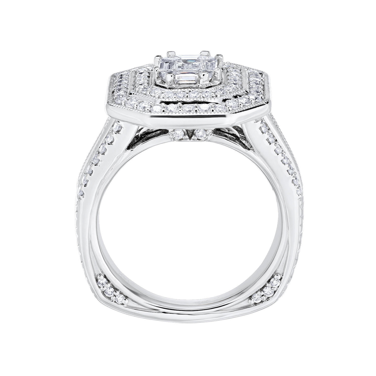 Compozit&trade; 14KW White Gold Emerald Shape Center With Double Halo Wide Shoulders Ring Diamond 1.50 Ctw Cutting Edge Technology