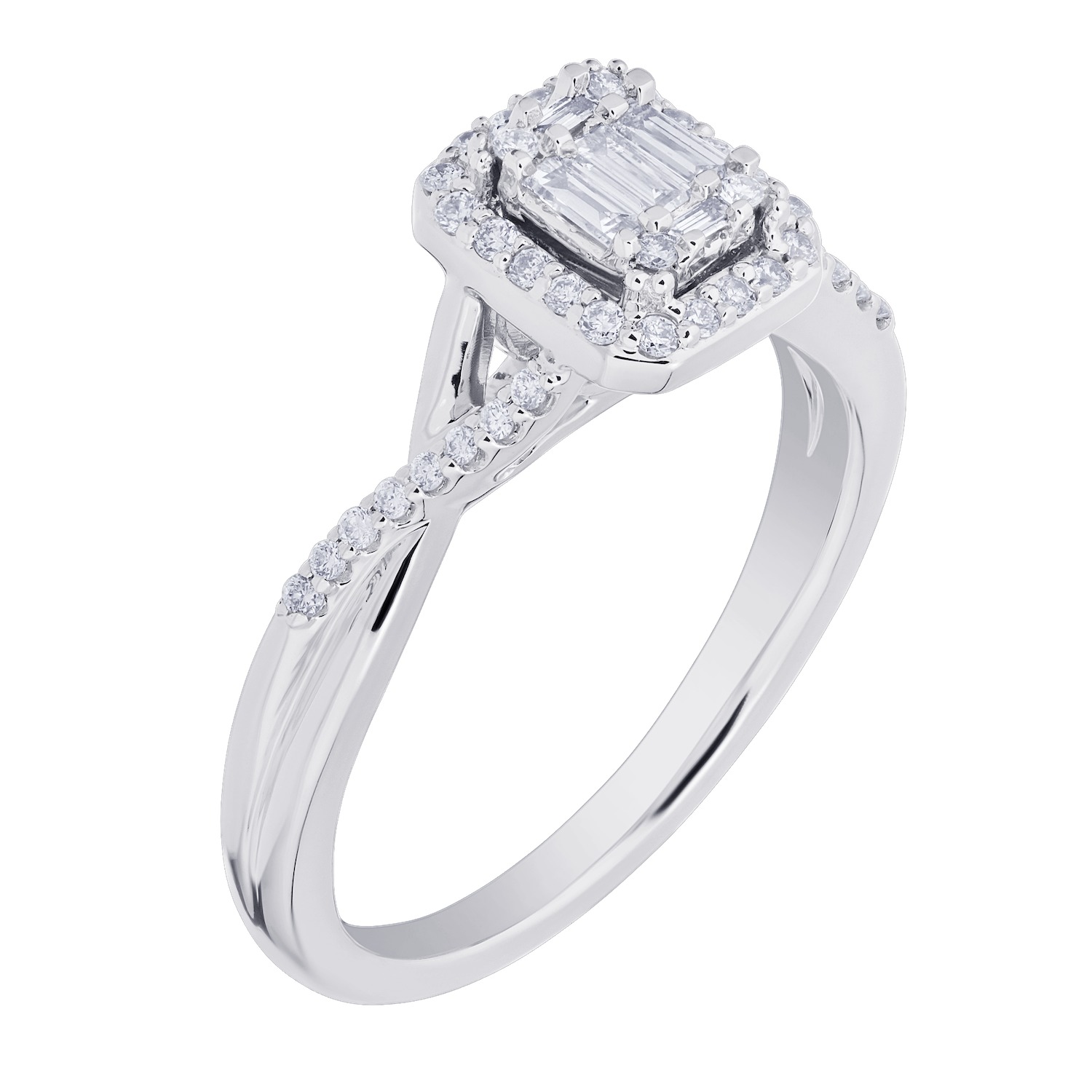 Multiplicity&trade; 14KW White Gold Emerald Shape Center Halo Crossover Asymmetrical Shoulders 0.33 Ctw Diamond