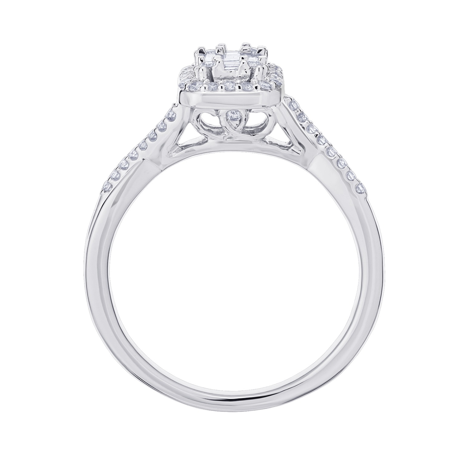 Multiplicity&trade; 14KW White Gold Emerald Shape Center Halo Crossover Asymmetrical Shoulders 0.33 Ctw Diamond