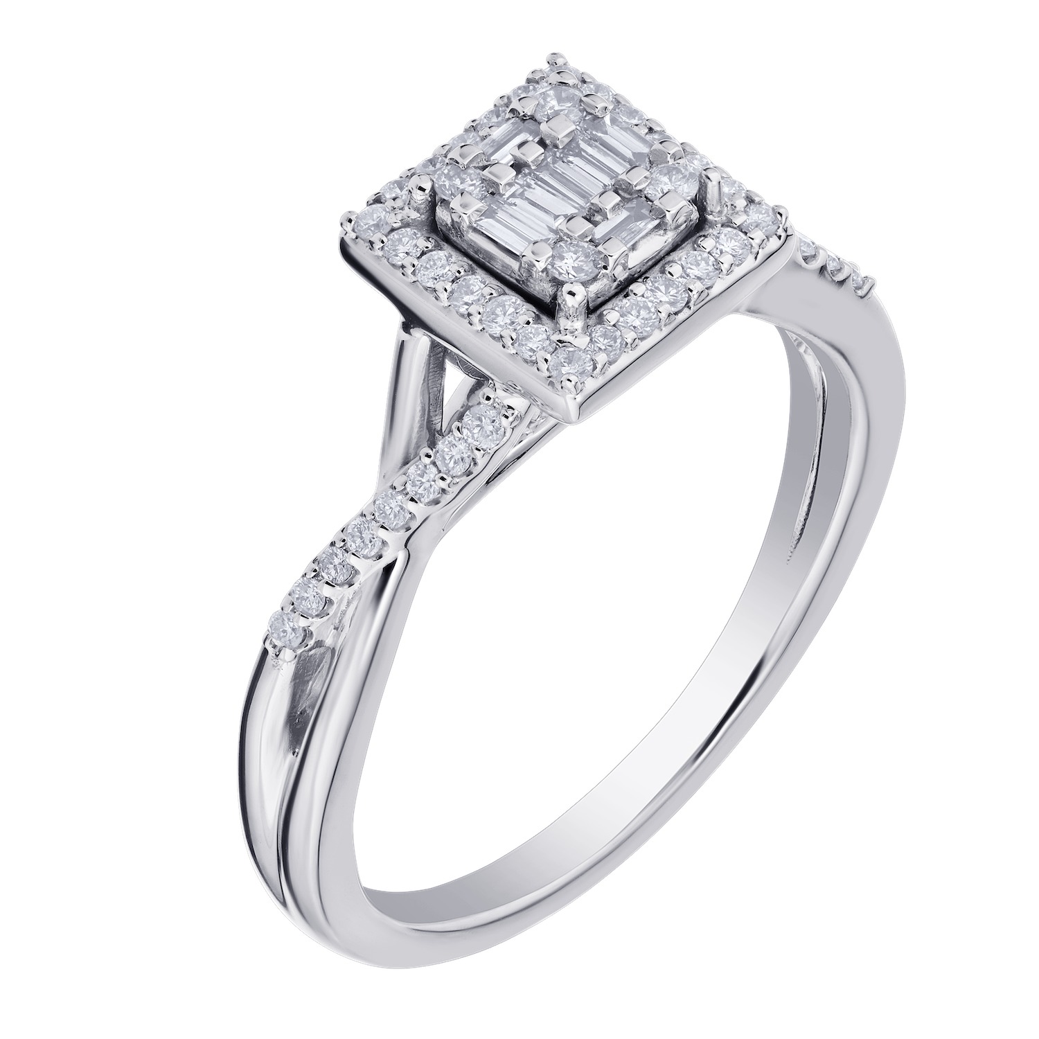 Multiplicity&trade; 14KW White Gold Square Shape Center with Halo Asymmetrical Crossover Shoulders 0.33 Ctw Diamond
