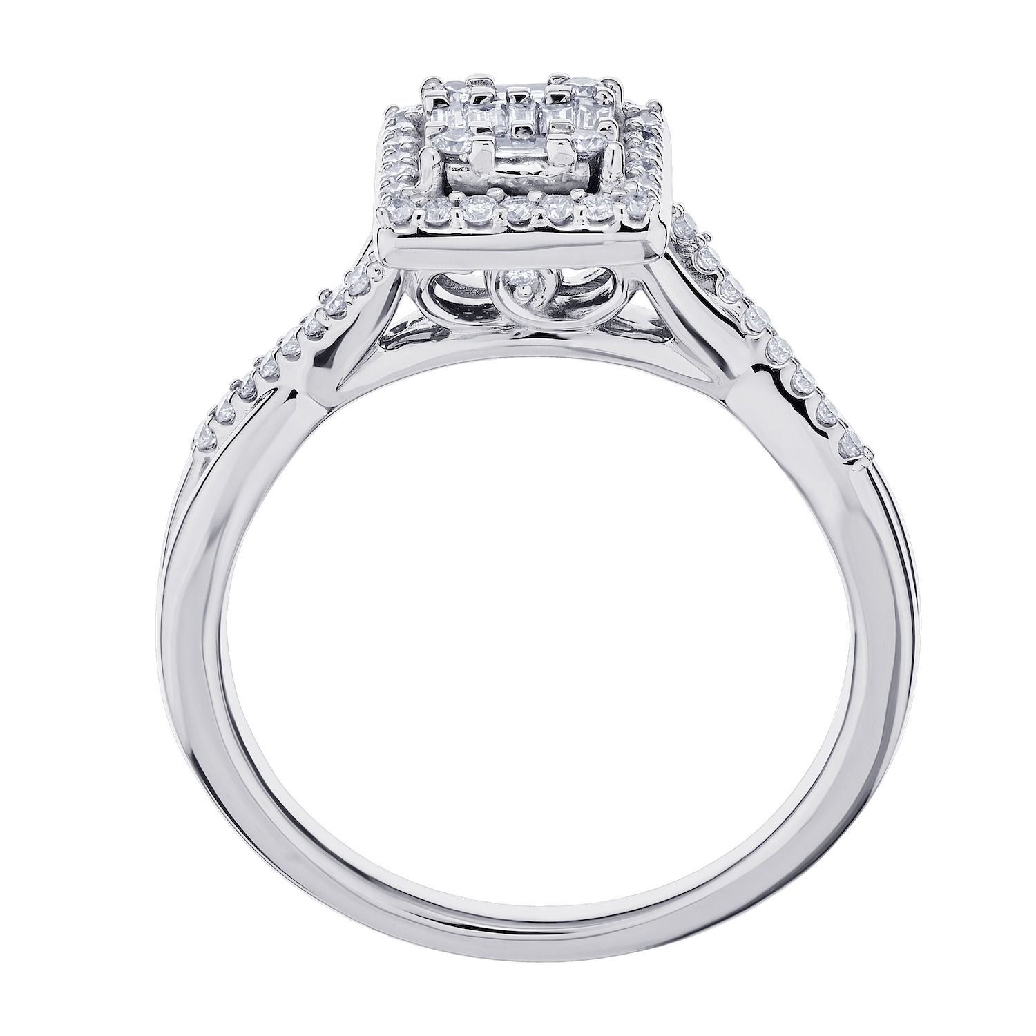 Multiplicity&trade; 14KW White Gold Square Shape Center with Halo Asymmetrical Crossover Shoulders 0.33 Ctw Diamond