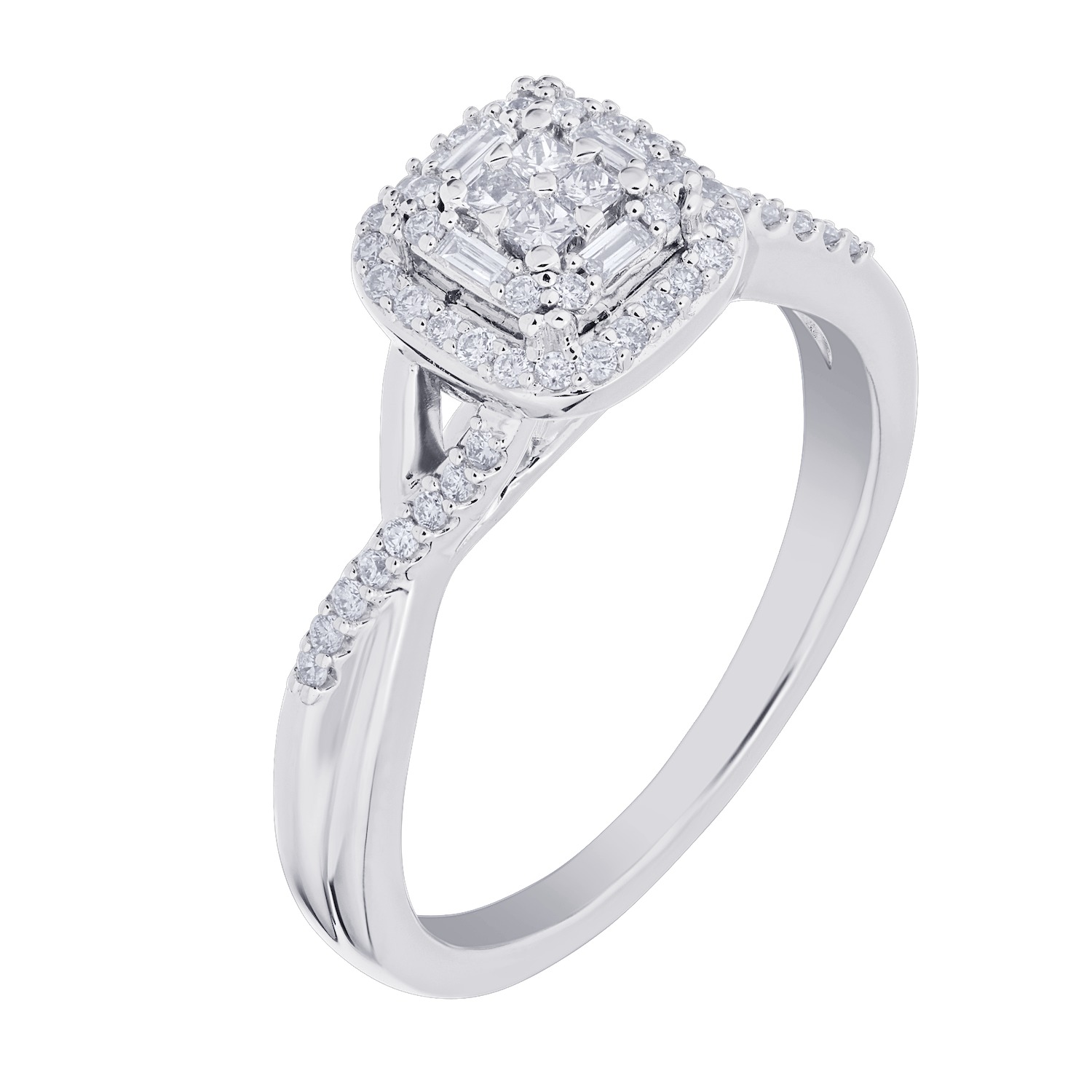 Multiplicity&trade; 14KW White Gold Emerald Shape Center Halo Crossover Asymmetrical Shoulders 0.75 Ctw Diamond