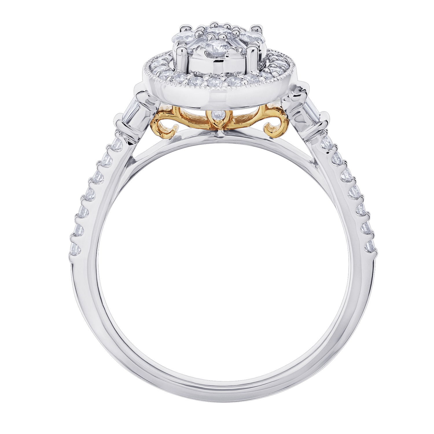 Multiplicity&trade; 14K Two Tone Gold Round Center with Halo Baguette Shoulders 0.50 Ctw Diamond