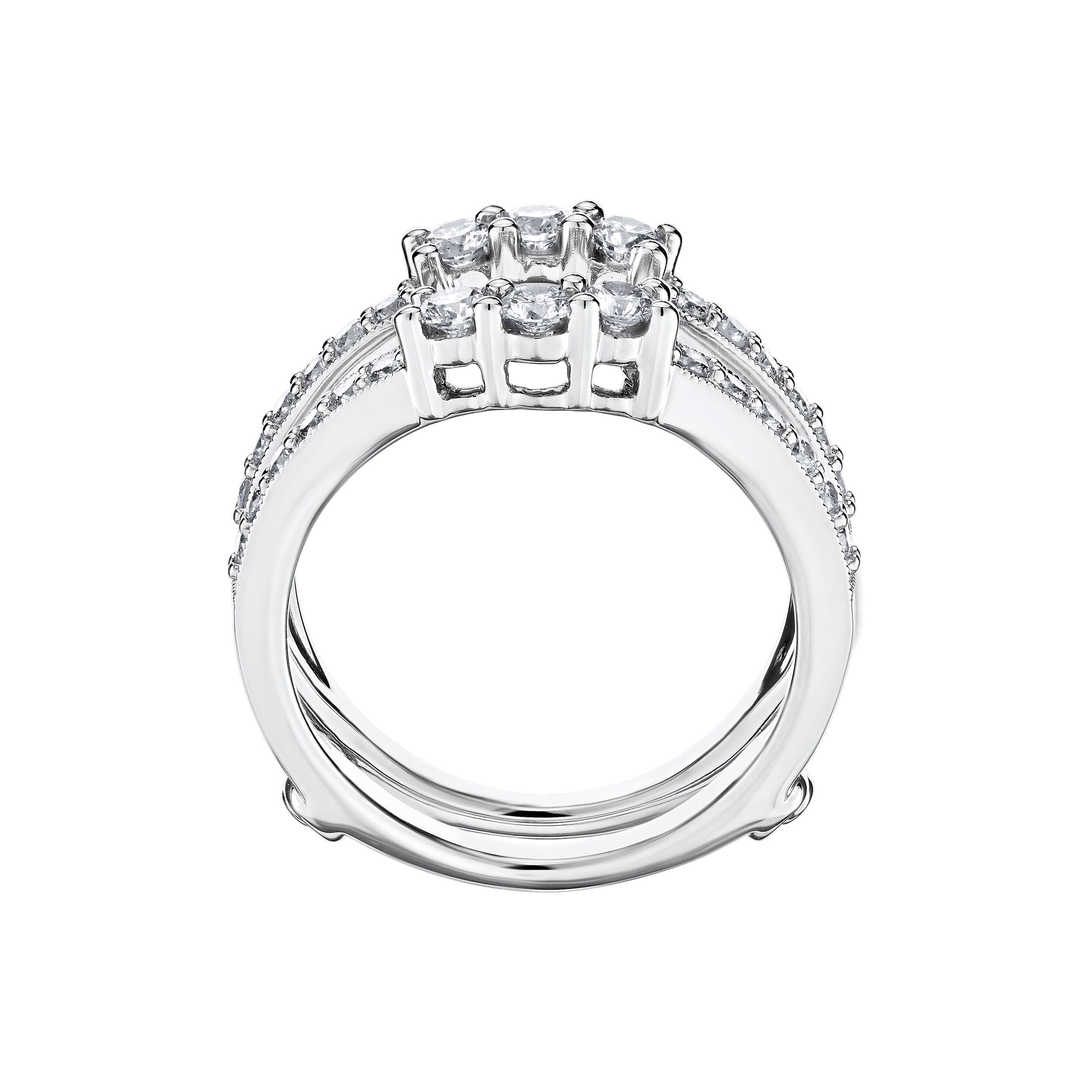Love Connection&trade; 14K White Gold Diamond 3 Larger Diamonds Shared Prong Center Bead Set Shanks Ring 0.75 Ctw