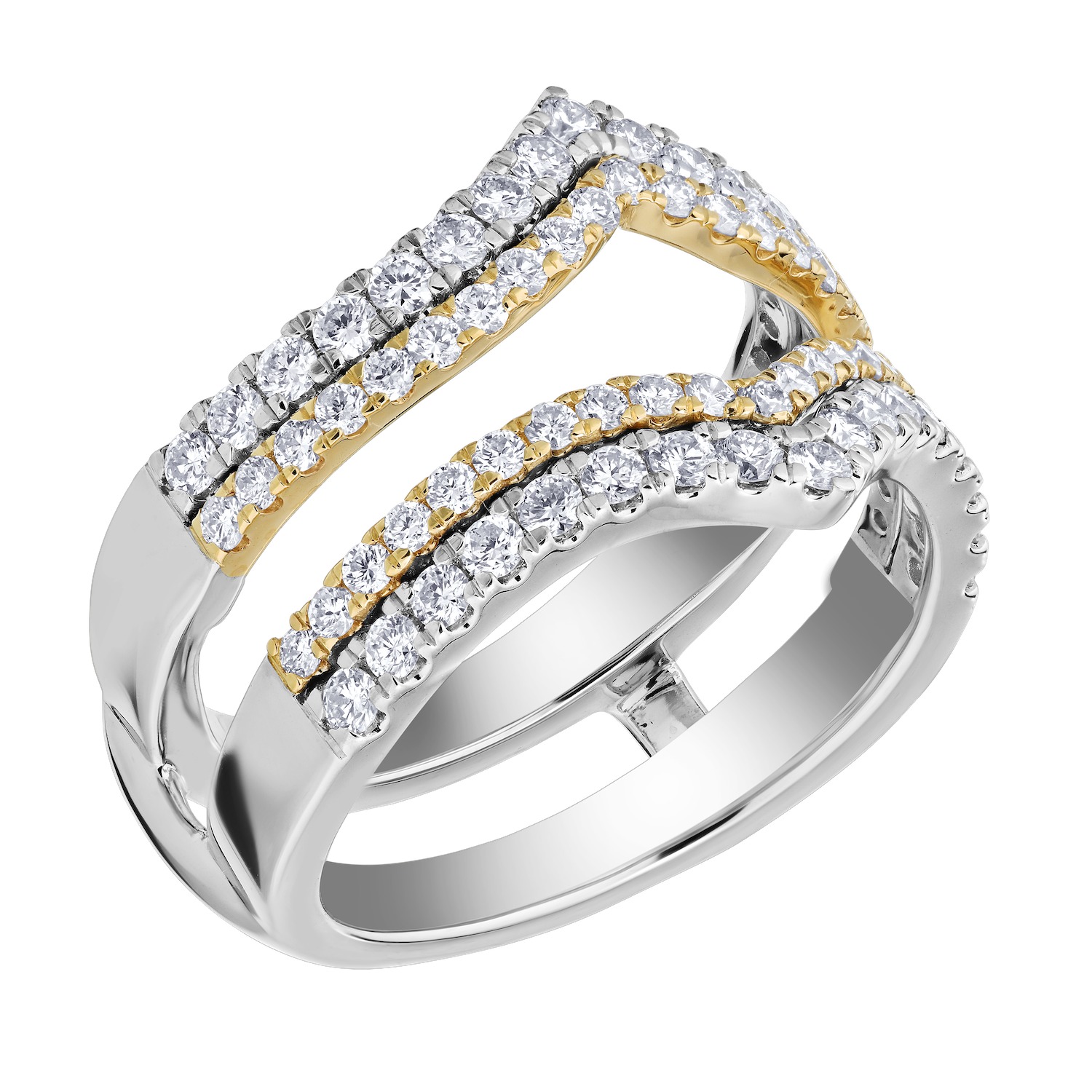 Love Connection&trade; 14K Two Tone Diamond Double Row Prong Set v Shape Guard Ring 1.00 Ctw