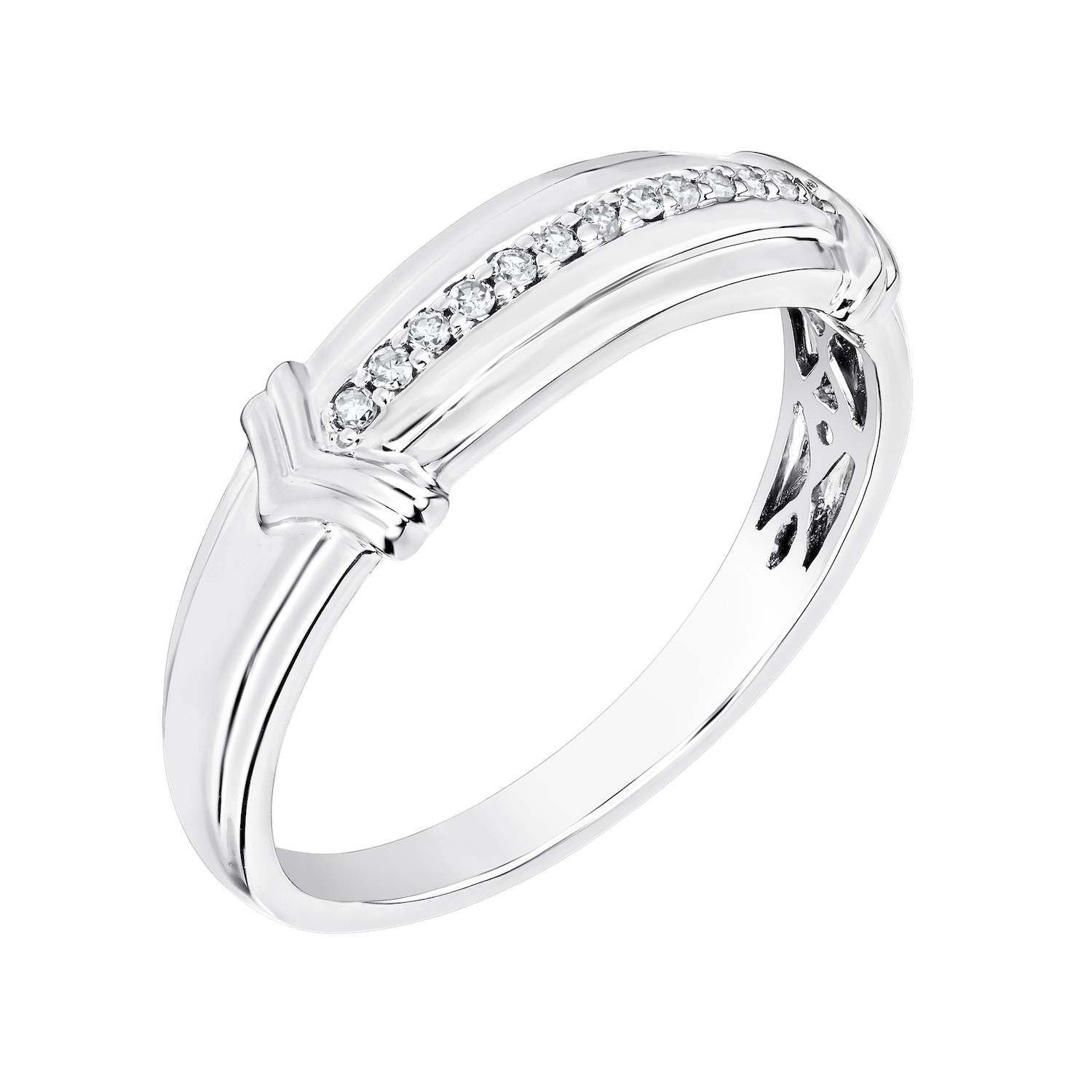 Shefian&trade; 10K White Gold Ring Men's Bead Set Row of Diamonds with 'V' Shaped Shoulder Rails Diamond 0.10 Ctw
