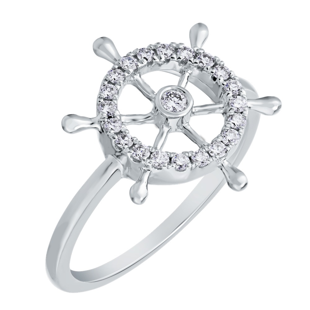 BluSea&trade; 14k White Gold Ring Ships Wheel Bezel Set Center Diamond 0.25 Ctw