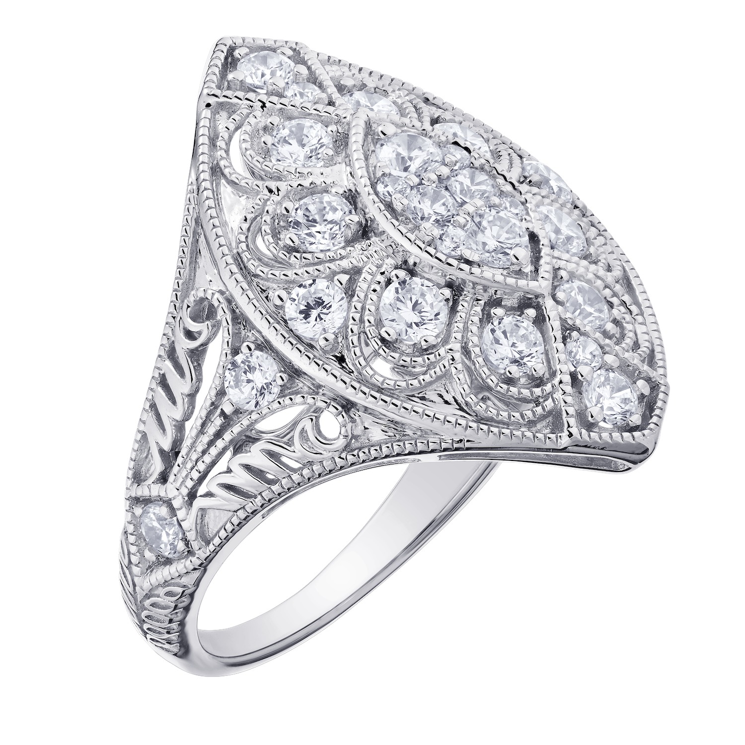 Vintage Treasures&trade; 14k White Gold Marquise Shape Art Deco Style Filigree Ring Diamond & 1.00 Ctw