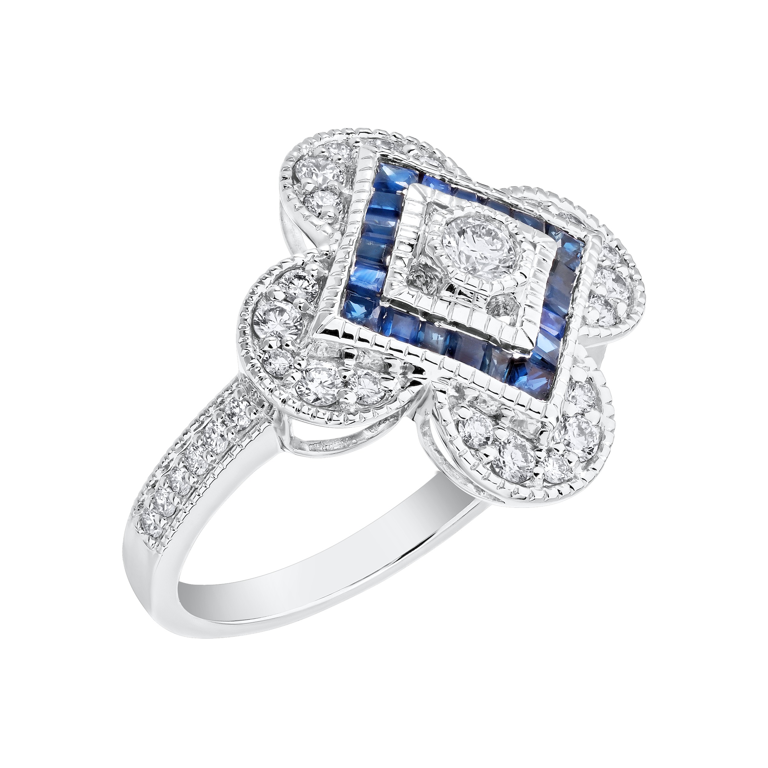 Vintage Treasures&trade; 14k White Gold Flower Art Deco with Offset Square Center Ring Diamond & Blue Sapphire 1.00 Ctw