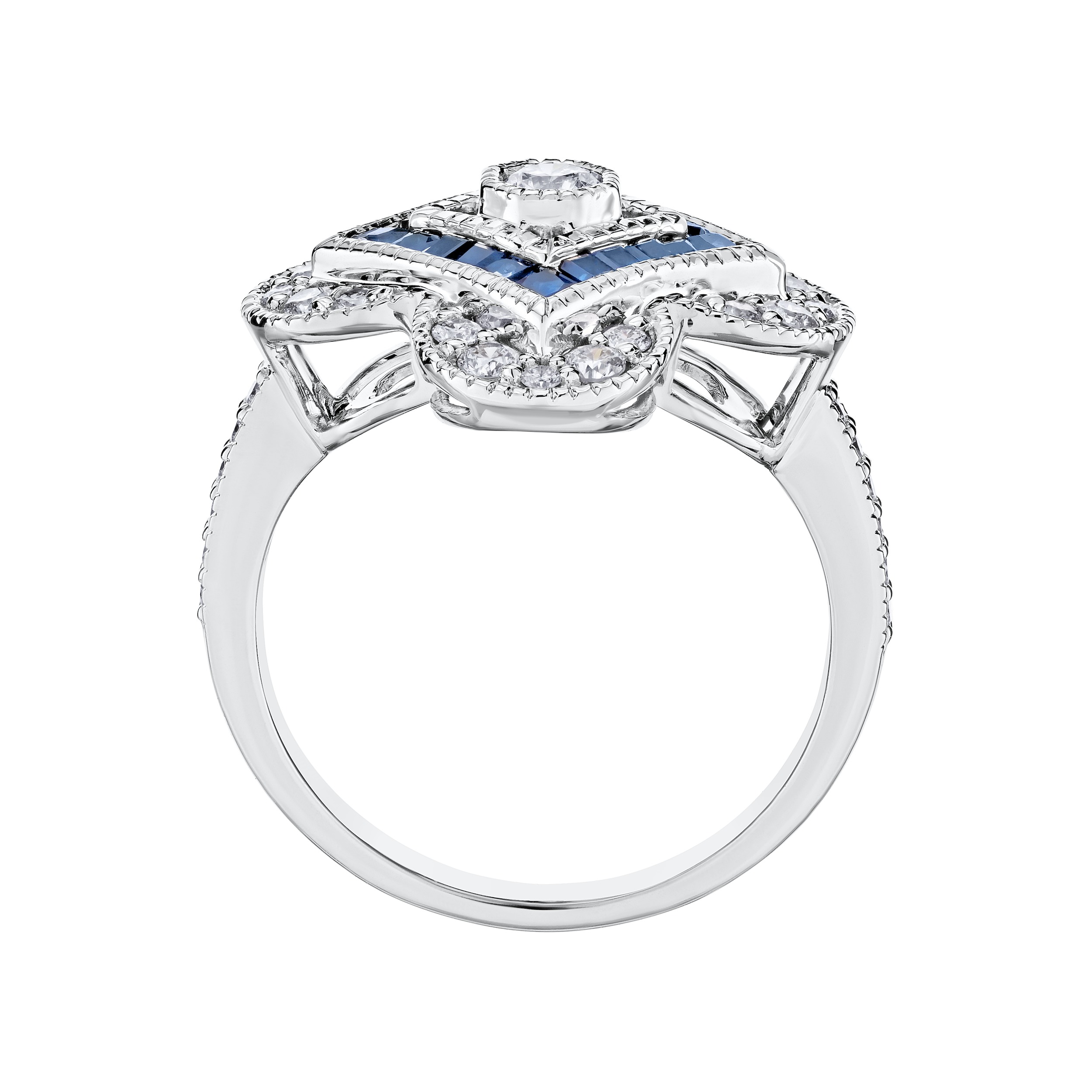 Vintage Treasures&trade; 14k White Gold Flower Art Deco with Offset Square Center Ring Diamond & Blue Sapphire 1.00 Ctw