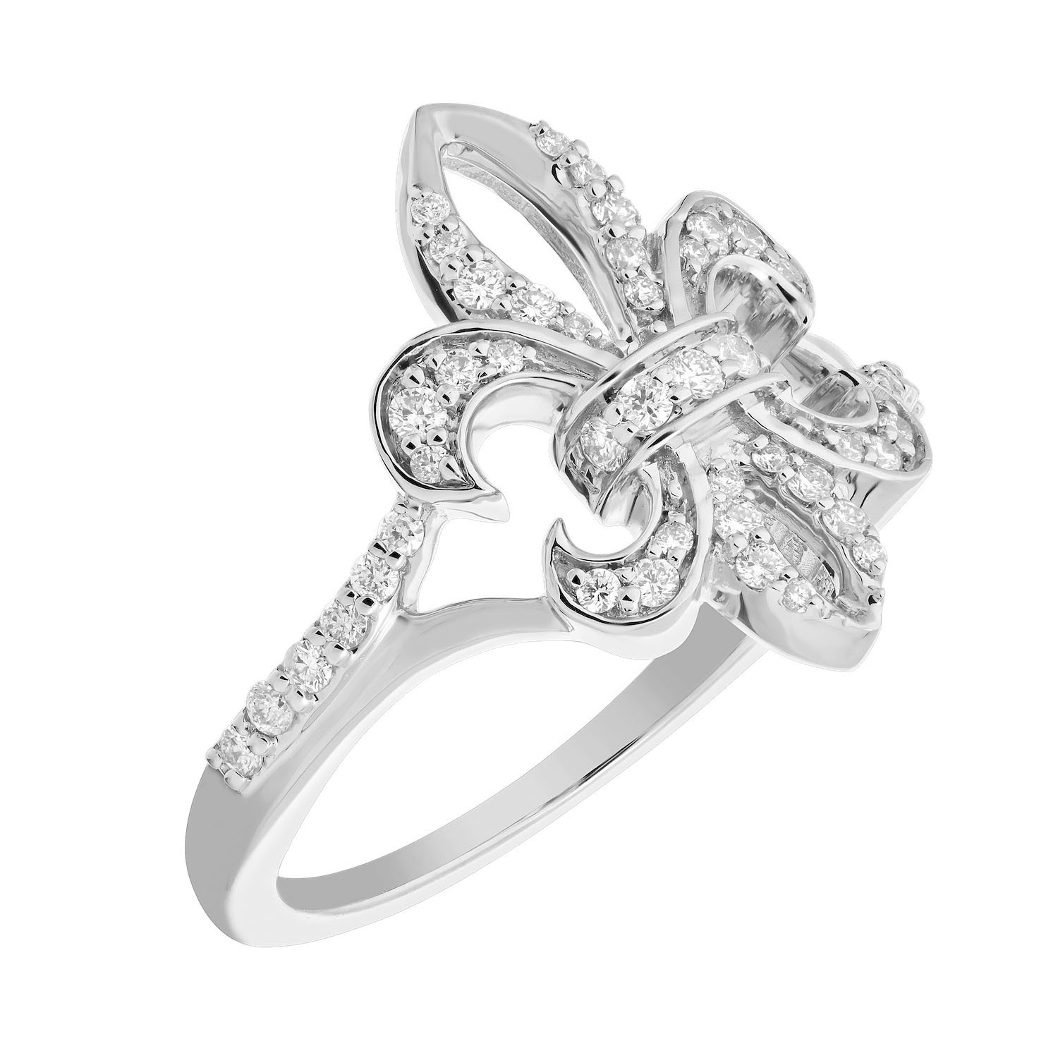 Lis Royale&trade; 14K White Gold Diamond Set Cutout Fleur de Lis Split Shank Ring 0.33 Ctw Diamond