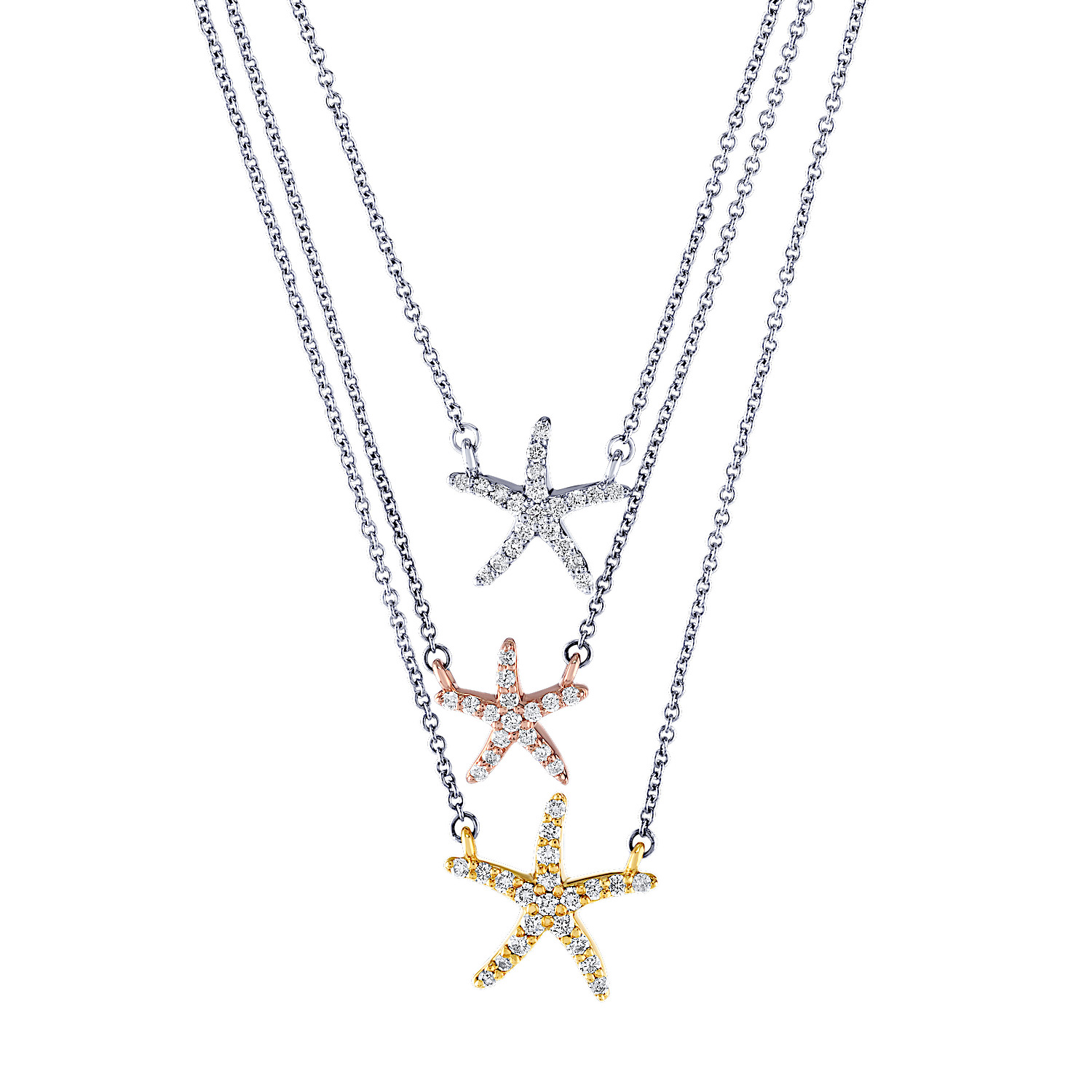 Oceanity&trade; 14K Two Tone Necklace Triple Row Layered with Pave Set Starfish Diamond 0.50 Ctw