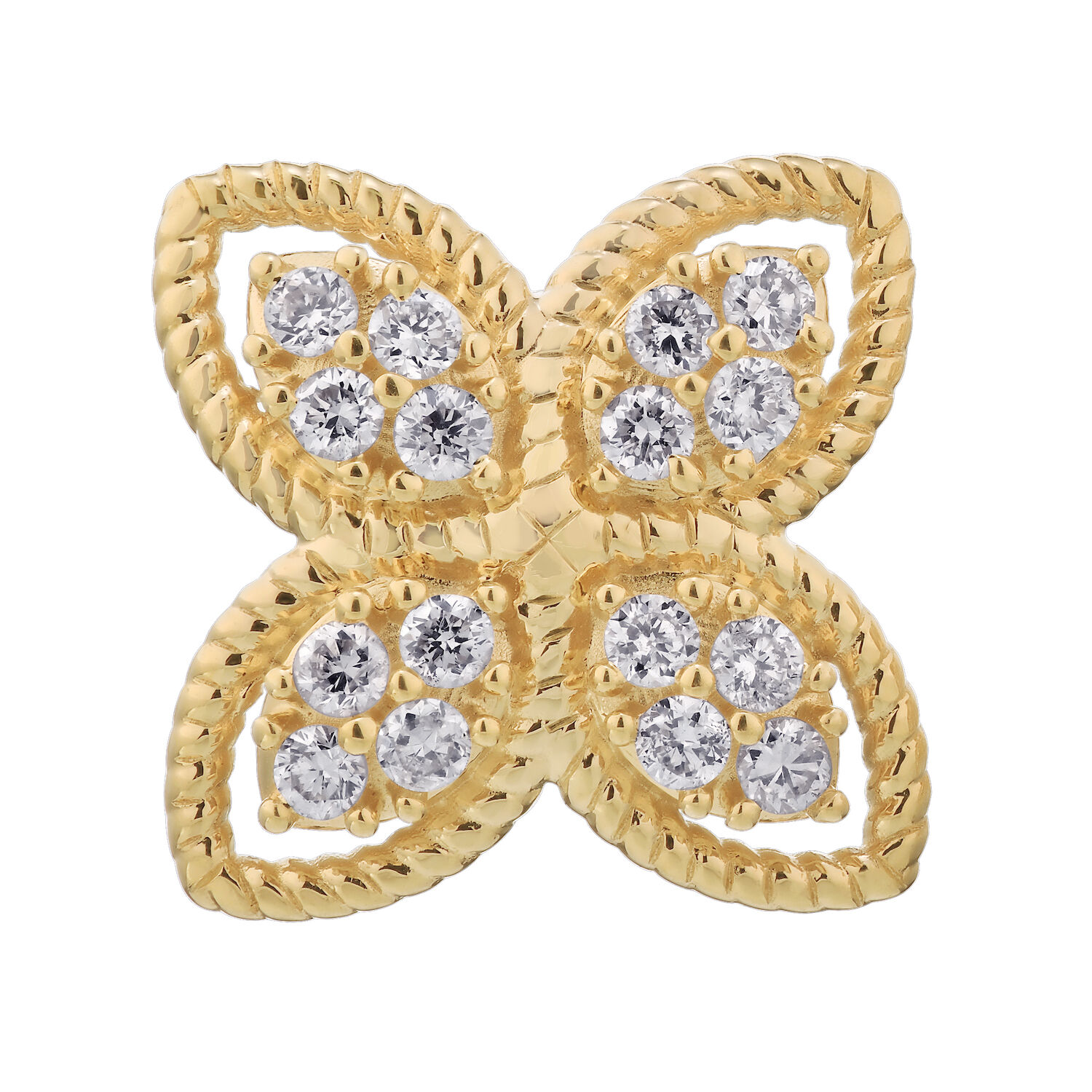 14K Yellow Gold Earrings 4 Petals with Twisted Rope Wire Edges Diamond 0.25 Ctw