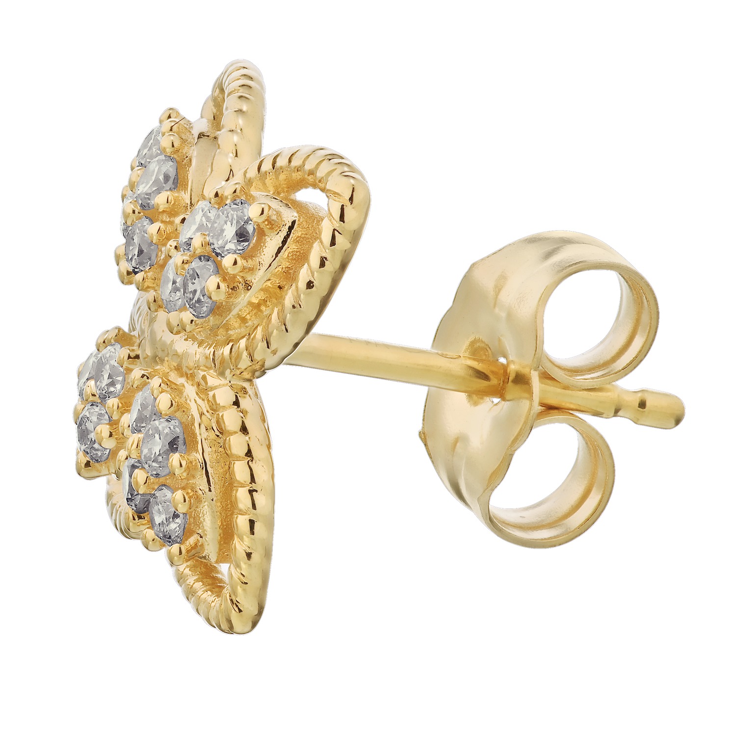 14K Yellow Gold Earrings 4 Petals with Twisted Rope Wire Edges Diamond 0.25 Ctw