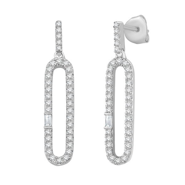 14k White Gold Diamond Pave Set Drop Paperclips with Baguette on Side Earrings 0.50 Ctw
