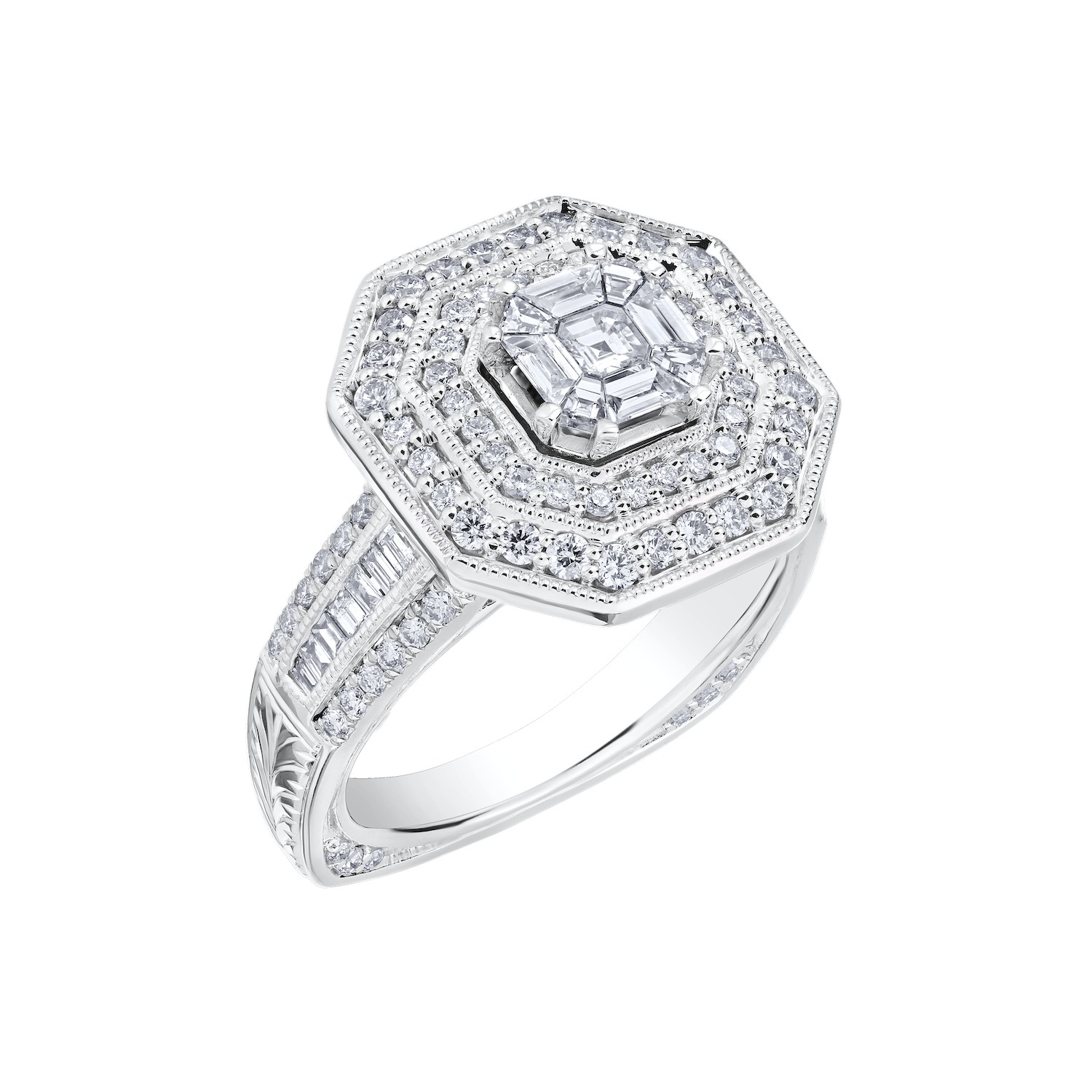 Compozit&trade; 14K White Gold Asscher Shape Center With Double Halo Wide Shoulders Ring 0 1.49 Ctw Cutting Edge Technology
