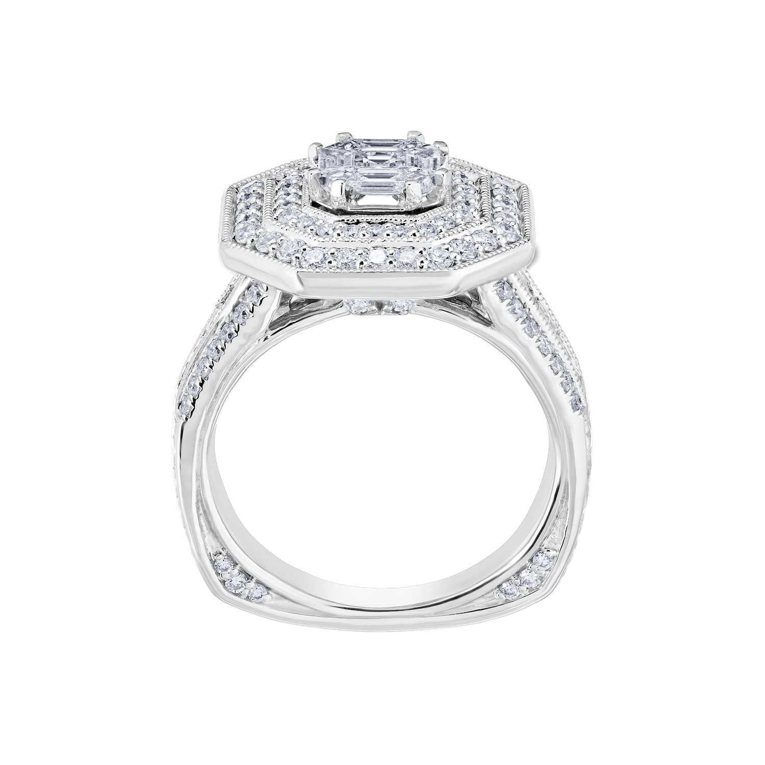 Compozit&trade; 14K White Gold Asscher Shape Center With Double Halo Wide Shoulders Ring 0 1.49 Ctw Cutting Edge Technology