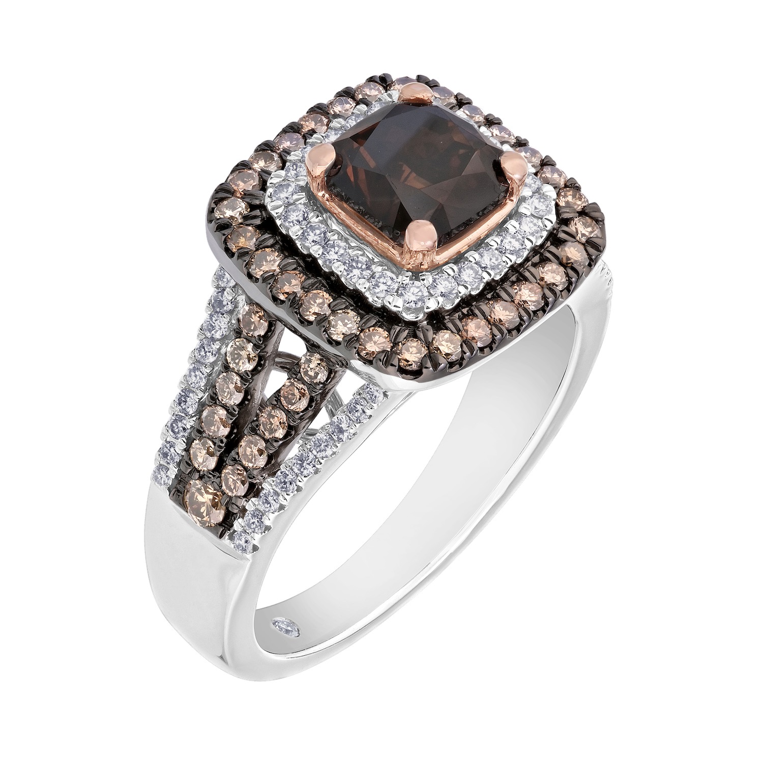 Cinnamon Dulce&trade; 14K White Gold Cognac Cushion Center Cognac & White Double Halo Split Shank Diamond & Cognac 2.36 Ctw