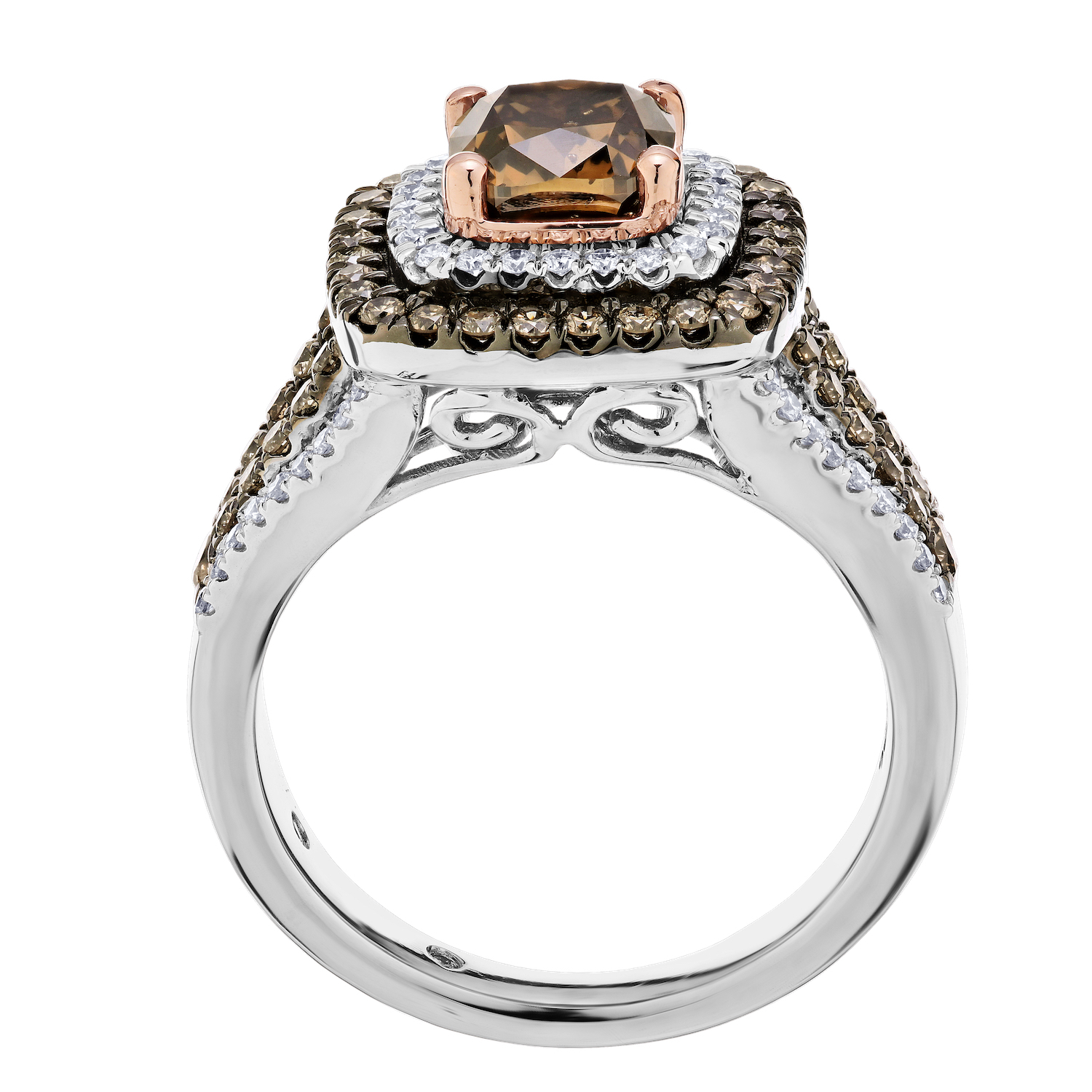 Cinnamon Dulce&trade; 14K White Gold Cognac Cushion Center Cognac & White Double Halo Split Shank Diamond & Cognac 2.36 Ctw