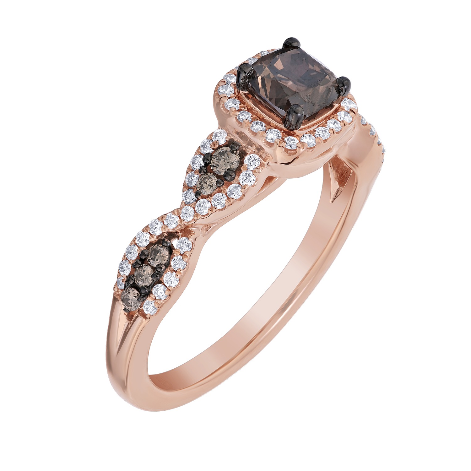 Cinnamon Dulce&trade; 14k Cognac Cushion Center White Halo Weave Shoulders Diamond & Cognac 1.15 Ctw