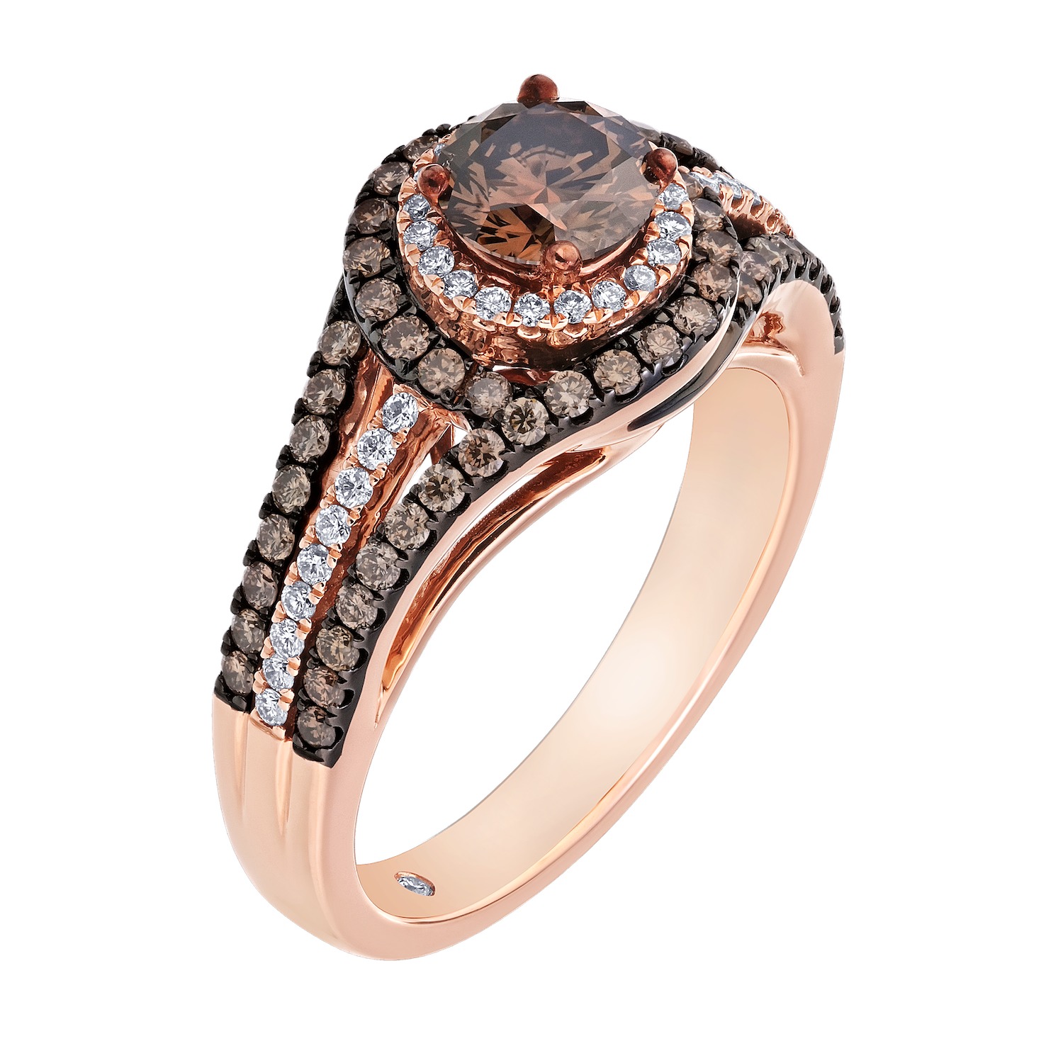 Cinnamon Dulce&trade; 14k Round Cognac Center Cognac & White Halo Split Shank Diamond & Cognac 1.362 Ctw