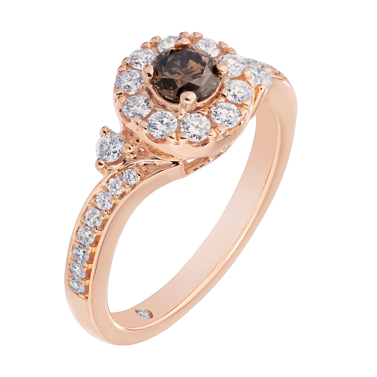 Cinnamon Dulce&trade; 14K Rose Gold Round Cognac Center Cognac & White Halo Split Shank Diamond & Cognac 0.875 Ctw