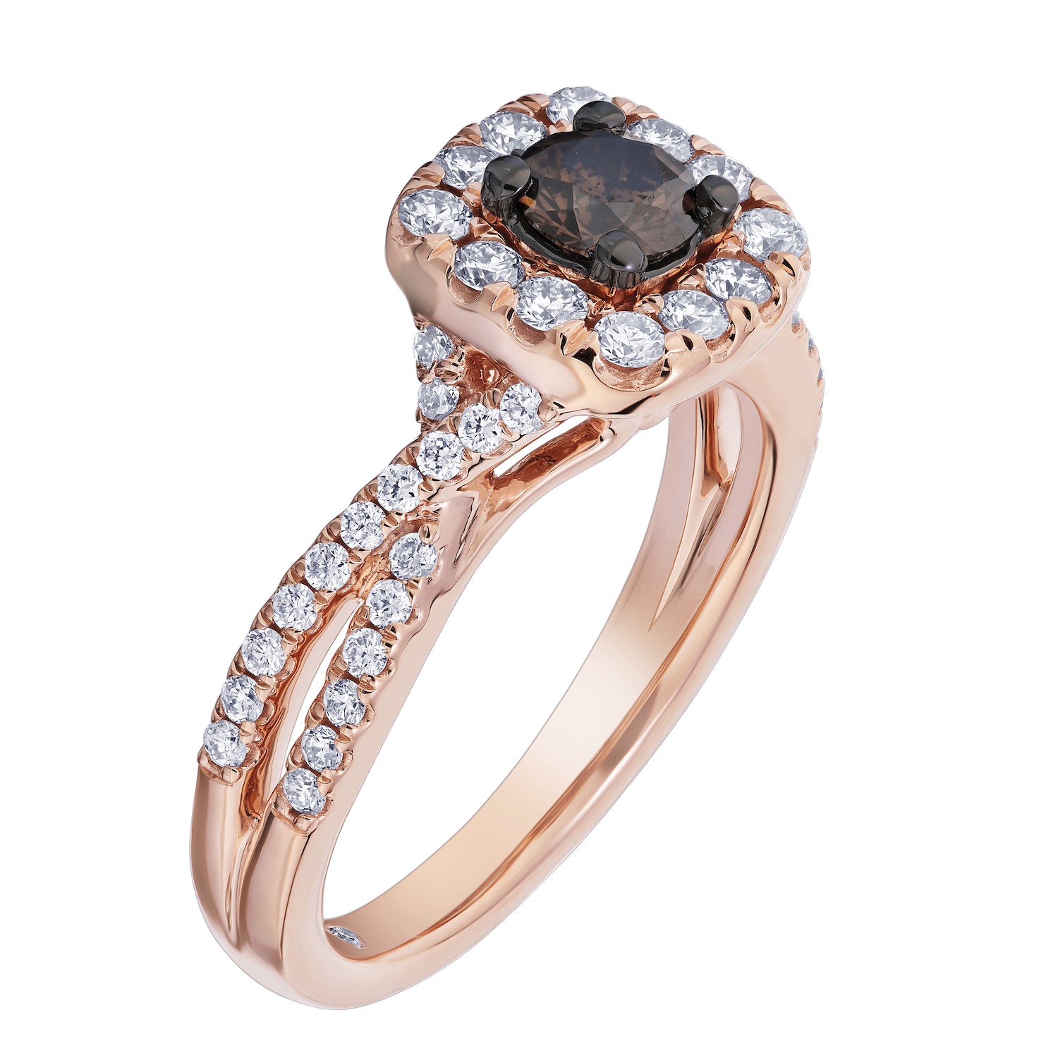 Cinnamon Dulce&trade; 14k Cushion Cognac Center White Halo Crossover Shoulders Diamond & Cognac 1.00 Ctw