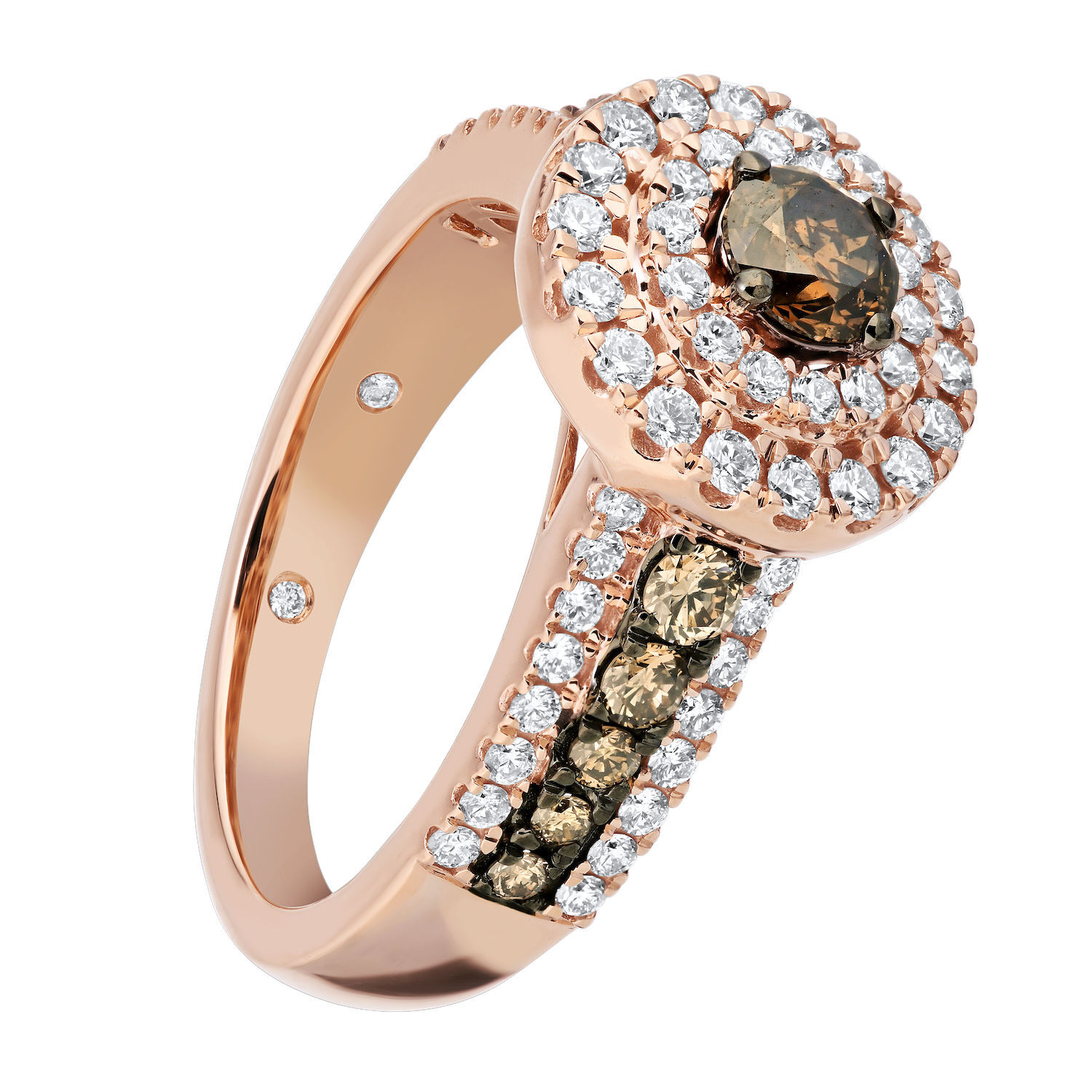 Cinnamon Dulce&trade; 14k Round Cognac Center White Double Halo Pave Cognac Shoulders Diamond & Cognac 1.394 Ctw