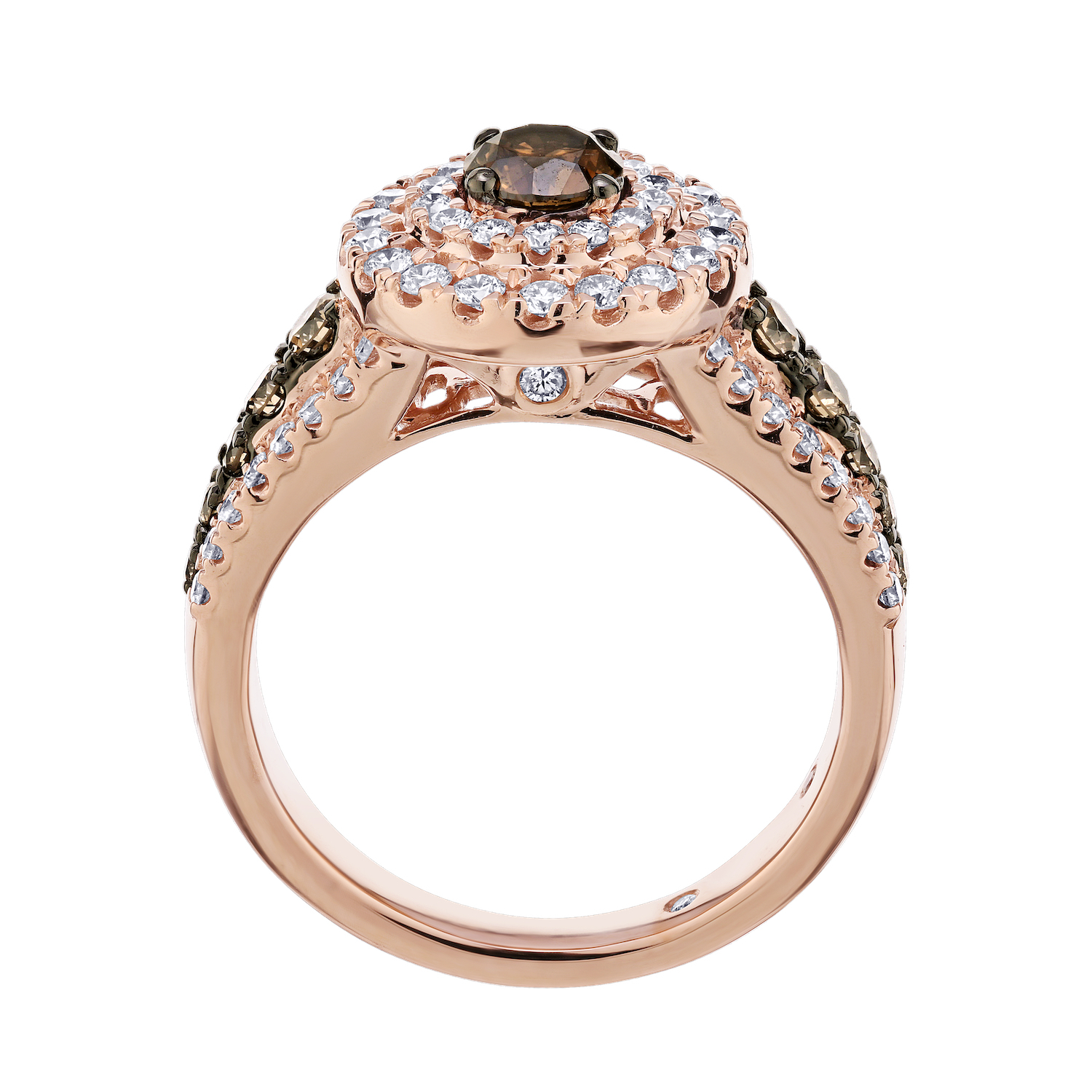 Cinnamon Dulce&trade; 14k Round Cognac Center White Double Halo Pave Cognac Shoulders Diamond & Cognac 1.394 Ctw