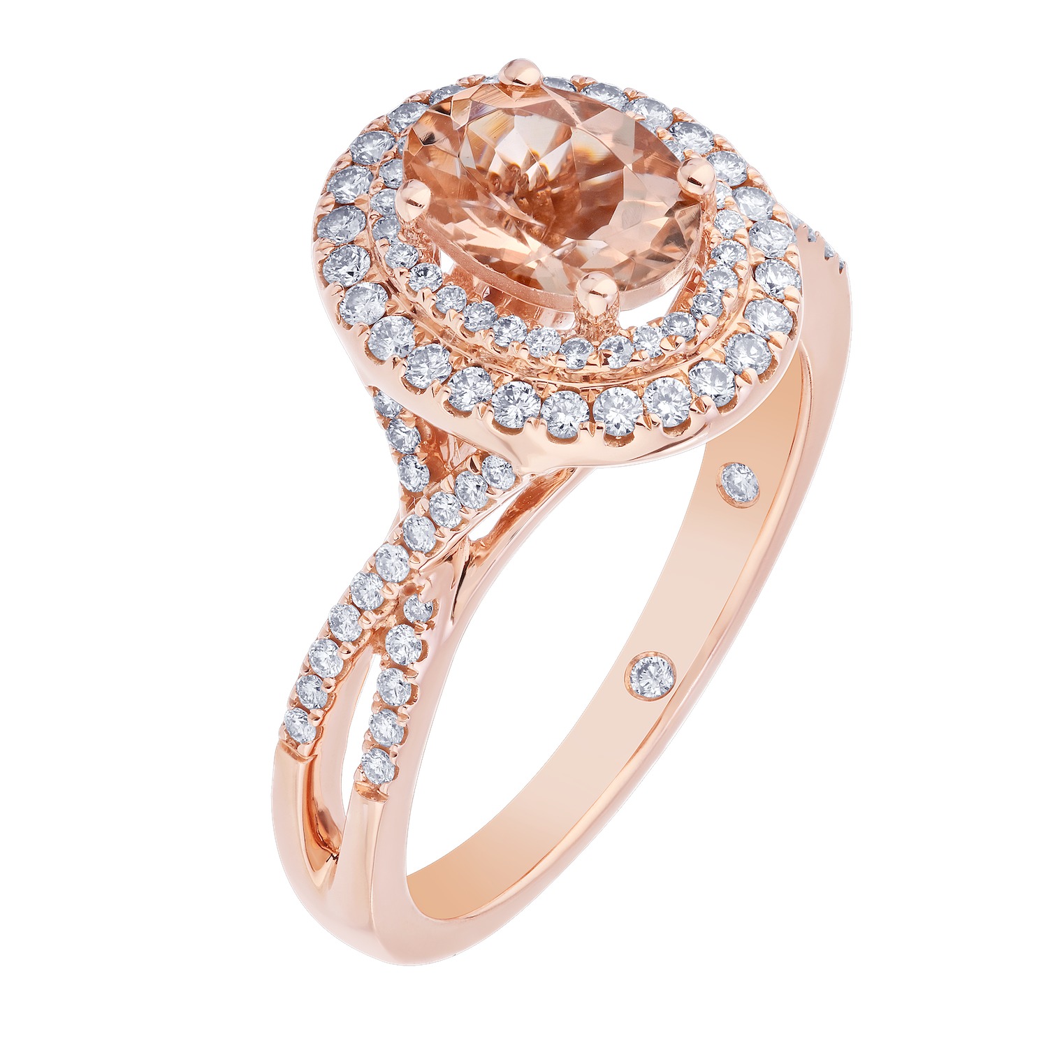 Peach Blossom&trade; 14k Rose Gold Oval Morganite Double Halo Diamond Crossover Shoulders Ring Diamond 1.43 Ctw