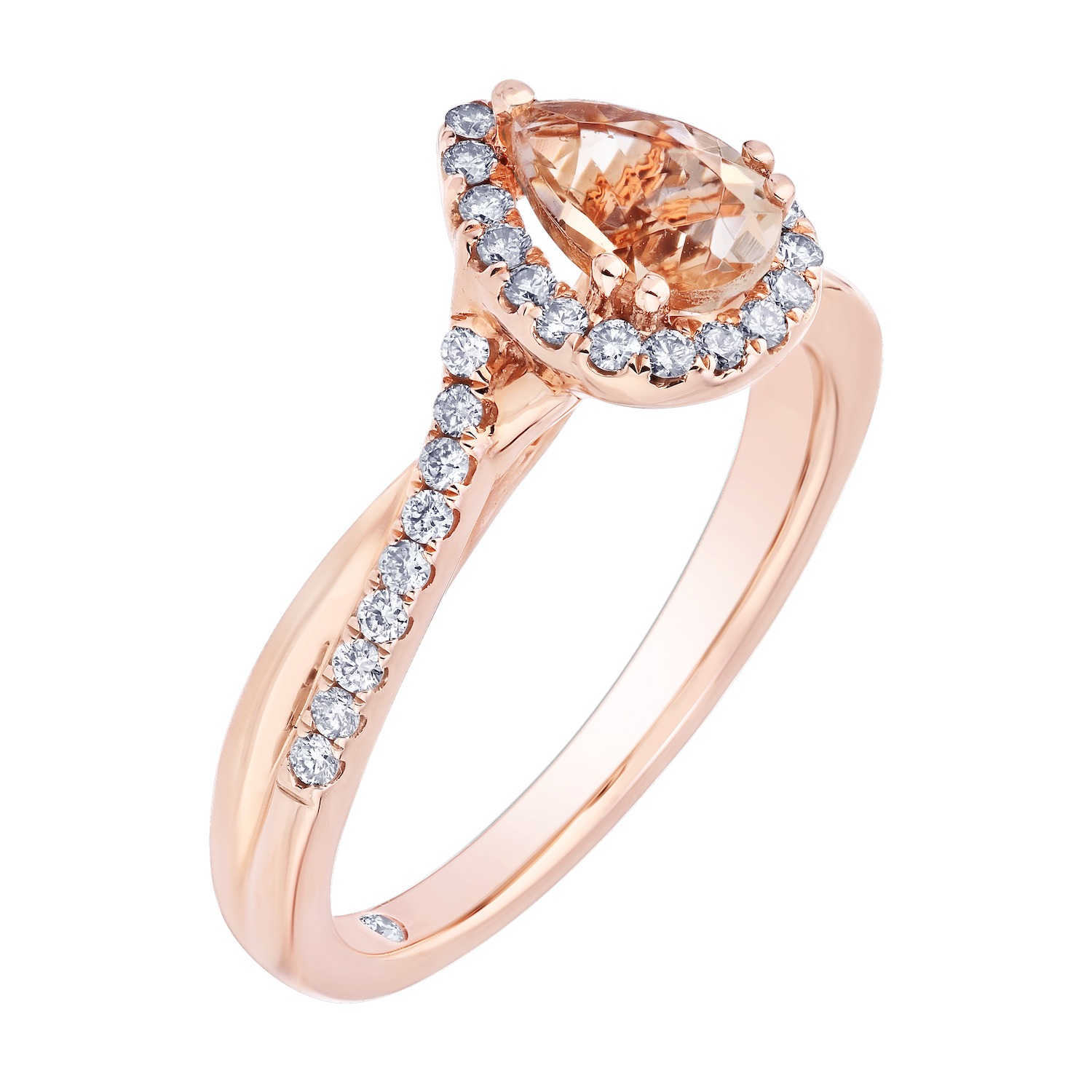 Peach Blossom&trade; Rose Gold Pear Halo with Crossover Shoulders Ring Diamond 1.022 Ctw