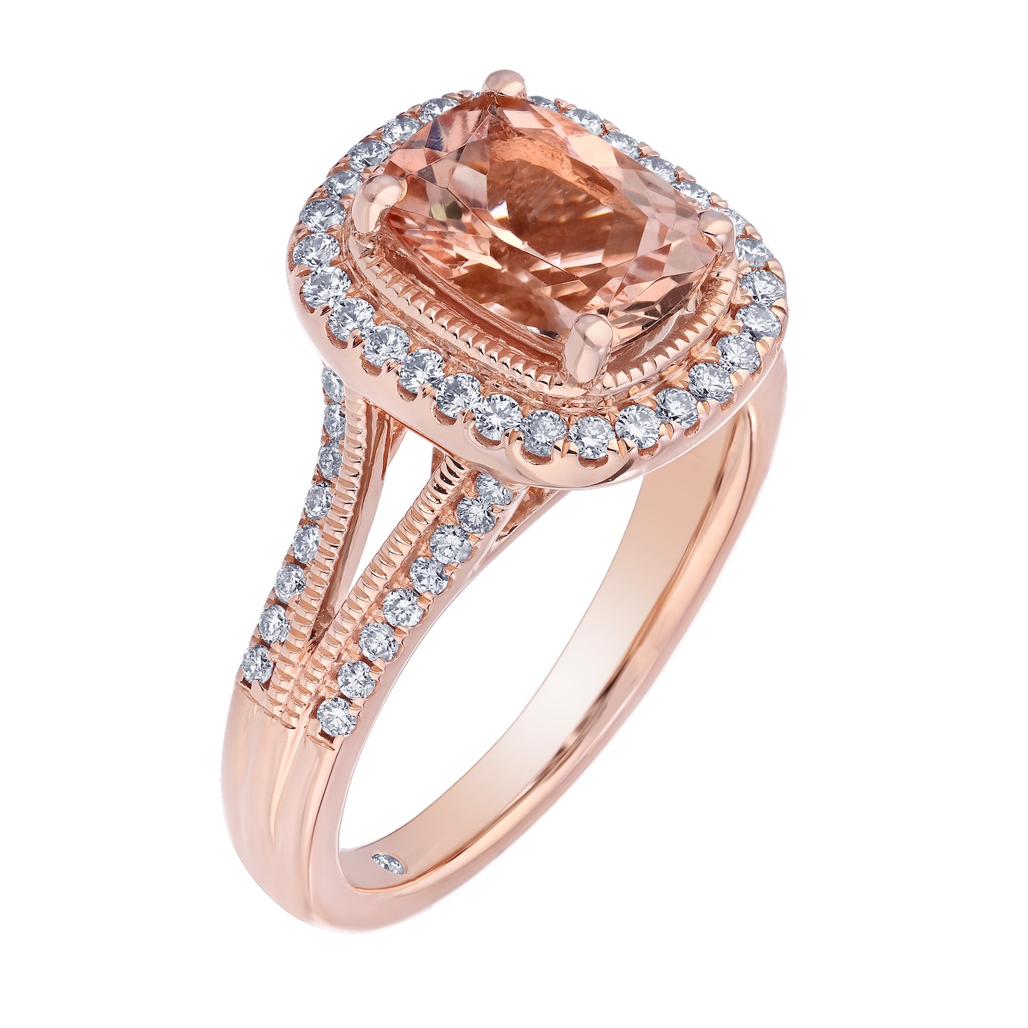 Peach Blossom&trade; 14k Rose Gold Elongated Morganite Halo with Textured Bezel Split Shank Ring Diamond 2.61 Ctw