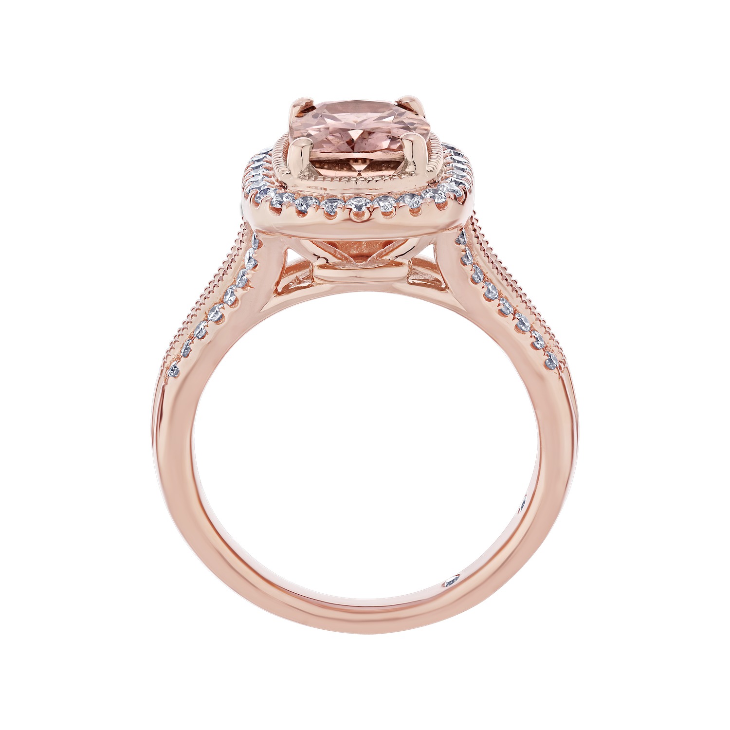 Peach Blossom&trade; 14k Rose Gold Elongated Morganite Halo with Textured Bezel Split Shank Ring Diamond 2.61 Ctw