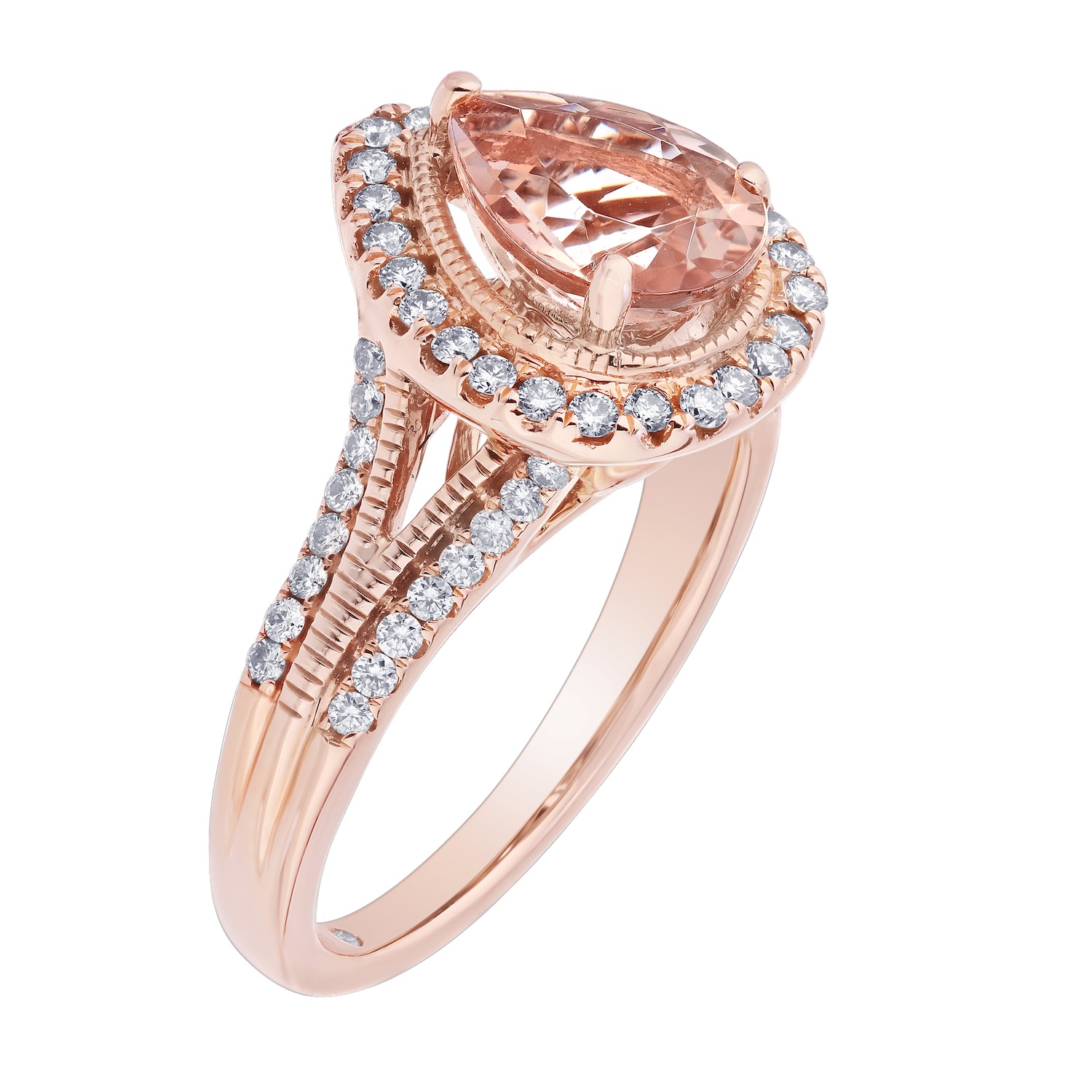Peach Blossom&trade; Rose Gold Pear-Shape Halo with Textured Bezel Split Shank Ring Diamond 1.90 Ctw