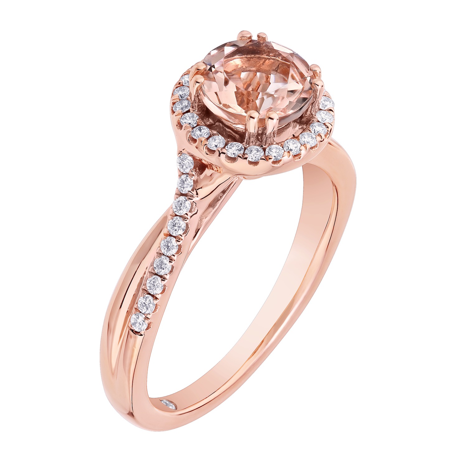 Peach Blossom&trade; Rose Gold Round Halo with Crossover Shoulders Ring Diamond 1.50 Ctw